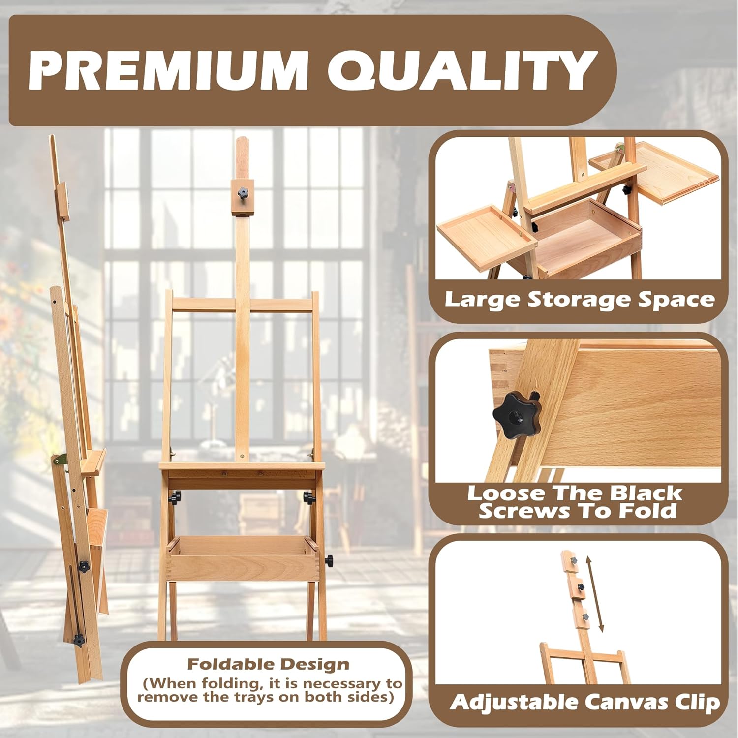 Solid Wood Easel with Storage Drawer and 2 Palettes