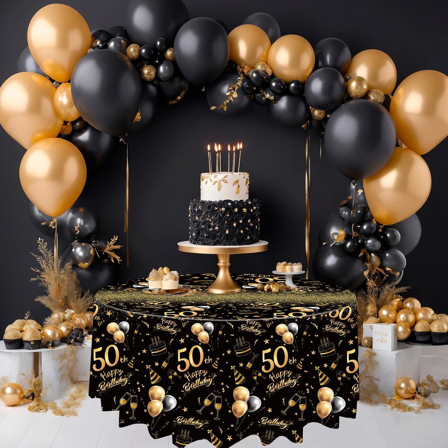 Oudain 3 Pack Round Birthday Tablecloths Black Gold Party Decor