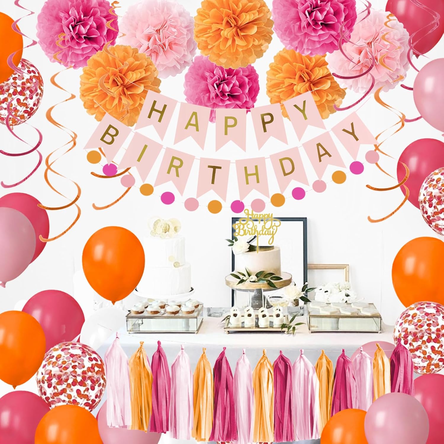 Pink and Orange Birthday Party Decorations Set