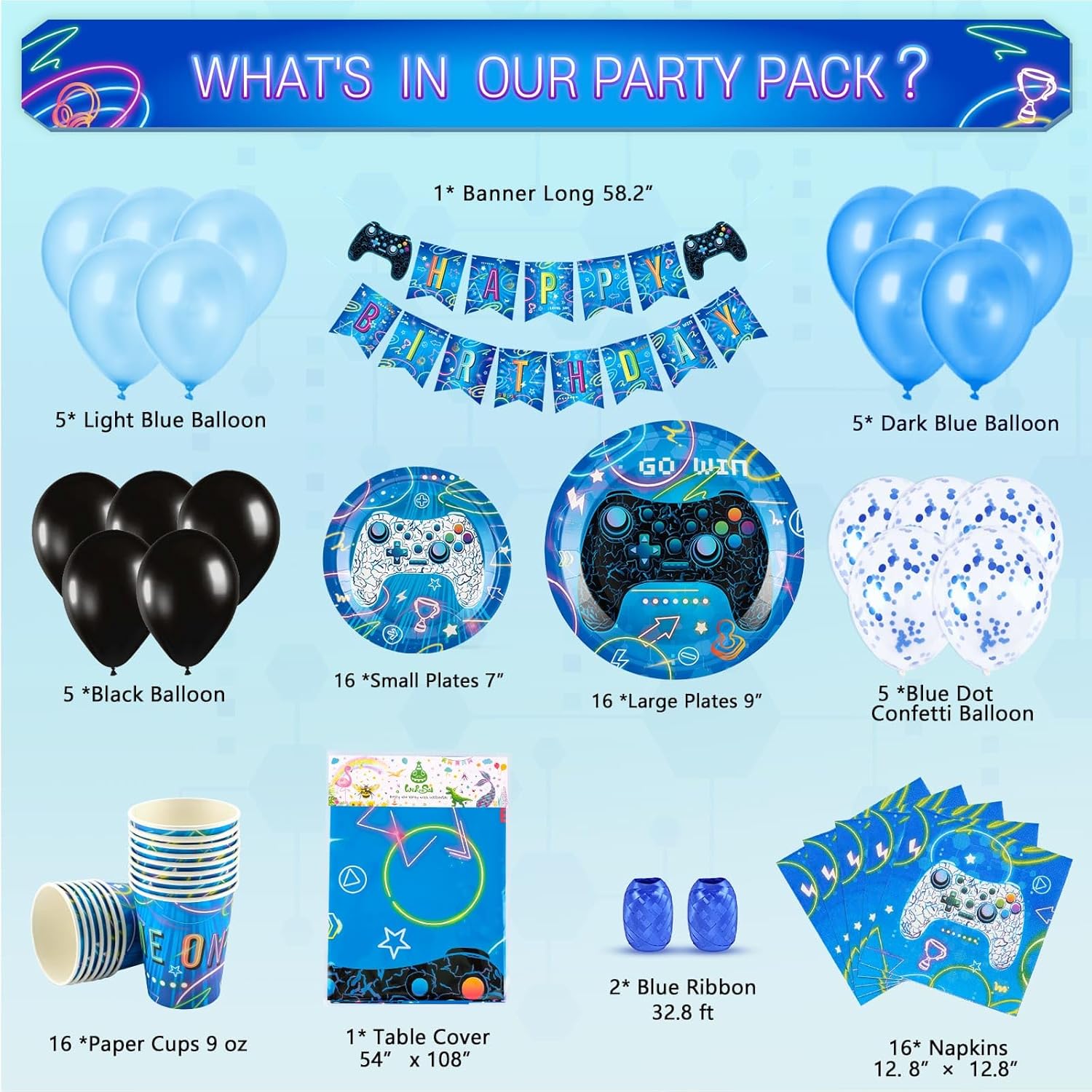 WERNNSAI Gamer Party Supplies Set - 88 PCS for 16 Guests