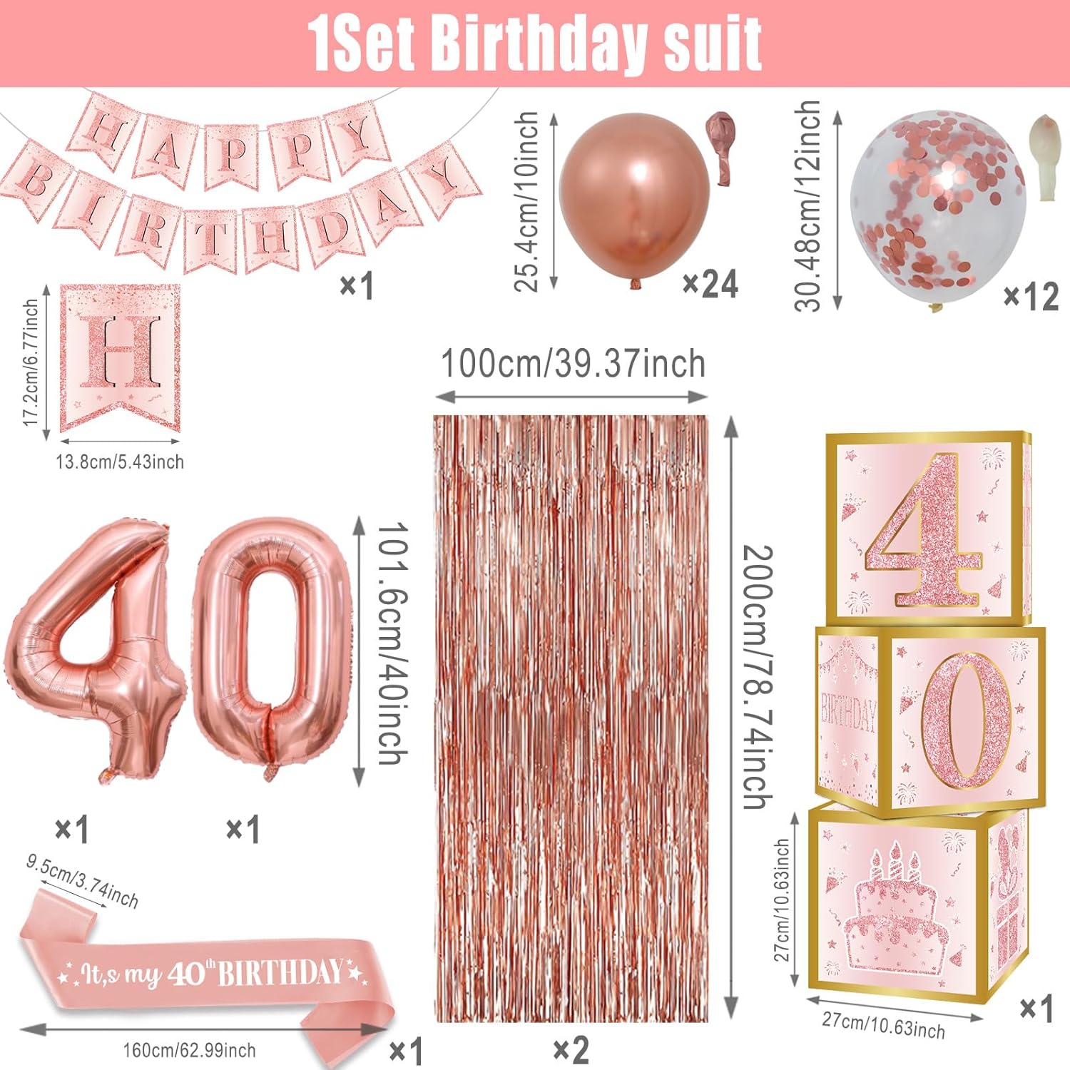 40th Birthday Decorations - Rose Gold Foil Balloons and Confetti