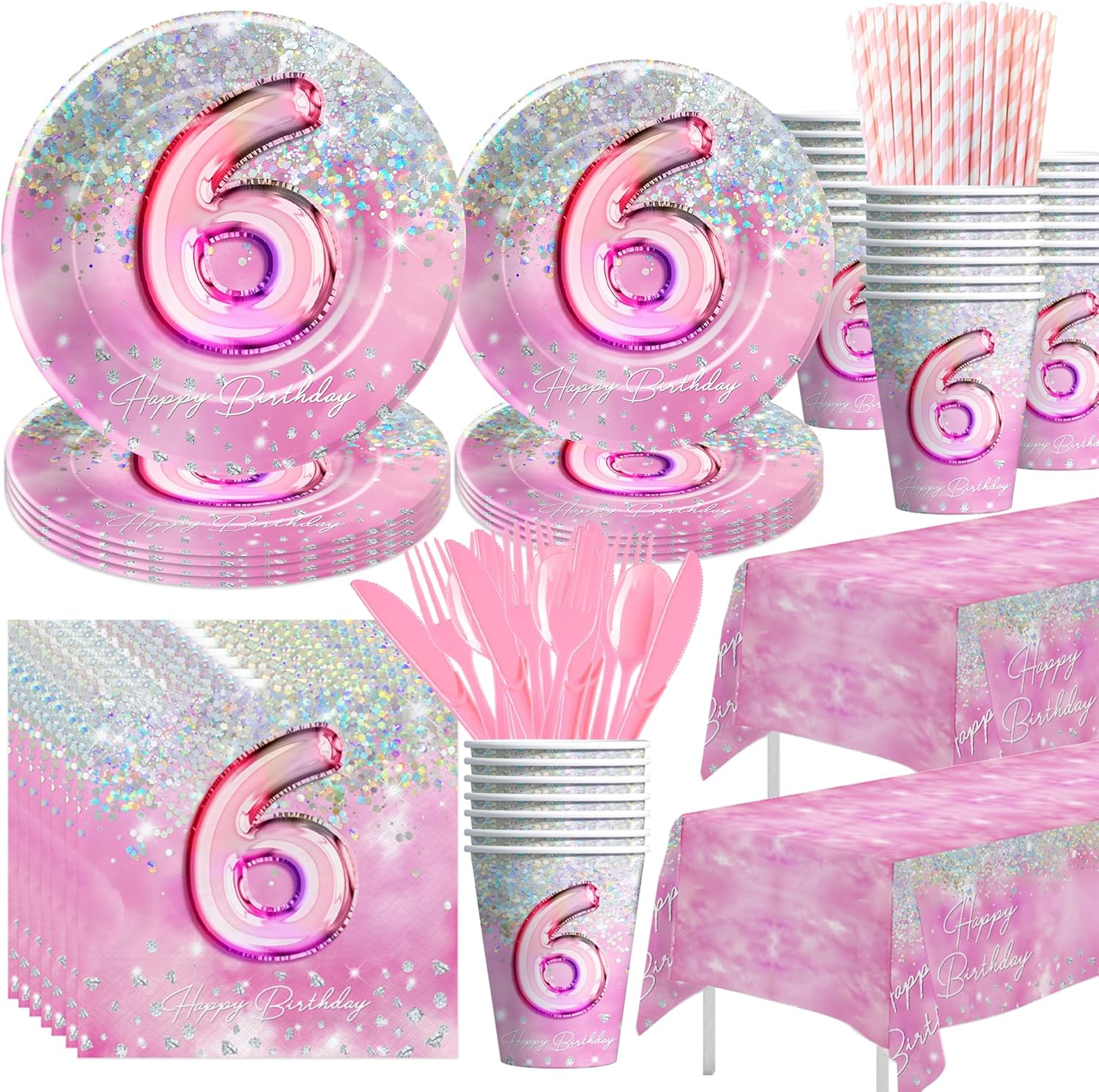 Pink Diamond 6th Birthday Party Tableware Set for 24 Guests