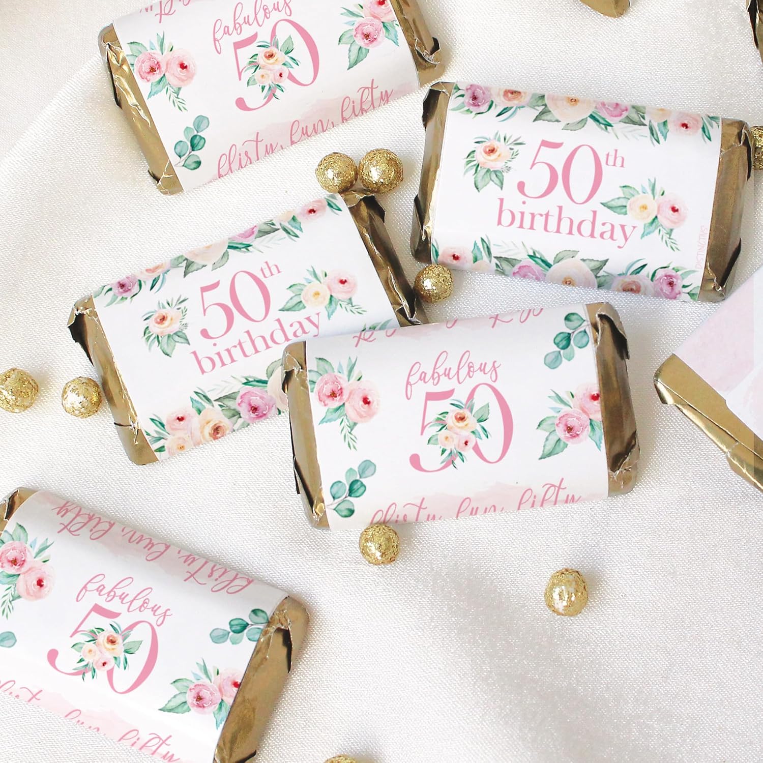 Pink Floral 50th Birthday Party Favor Wrappers 42 Count