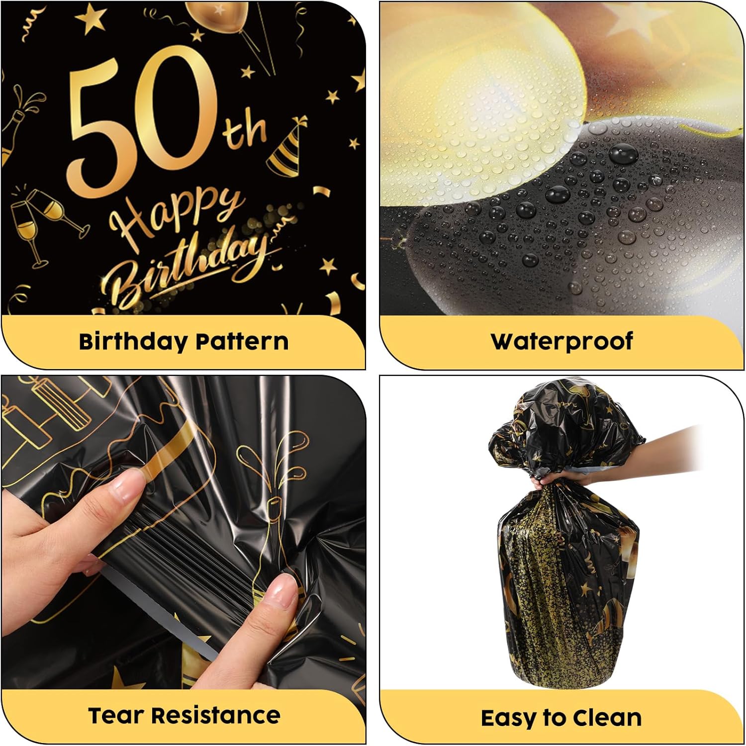 Oudain 3 Pack Round Birthday Tablecloths Black Gold Party Decor