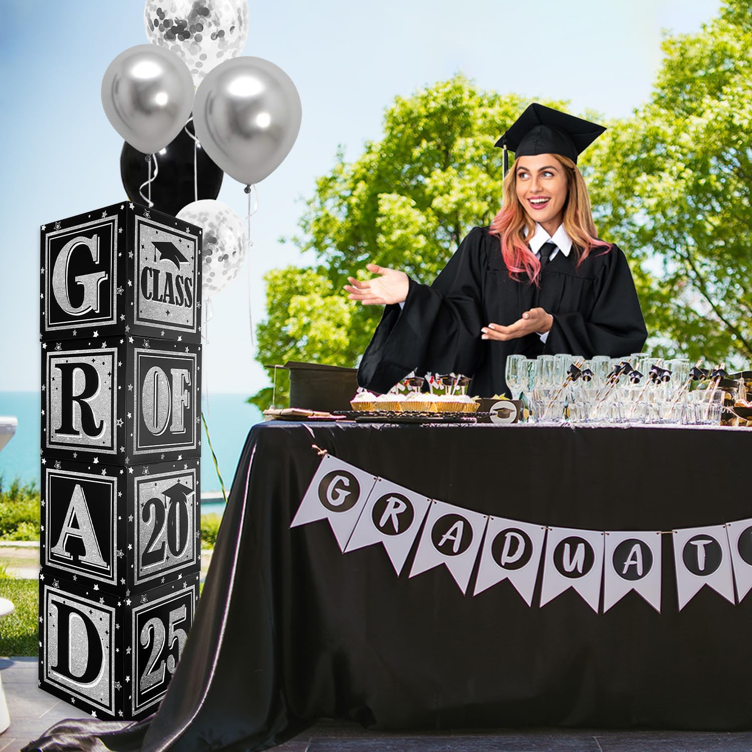 Black and Silver Graduation Decor Balloon Boxes 2025
