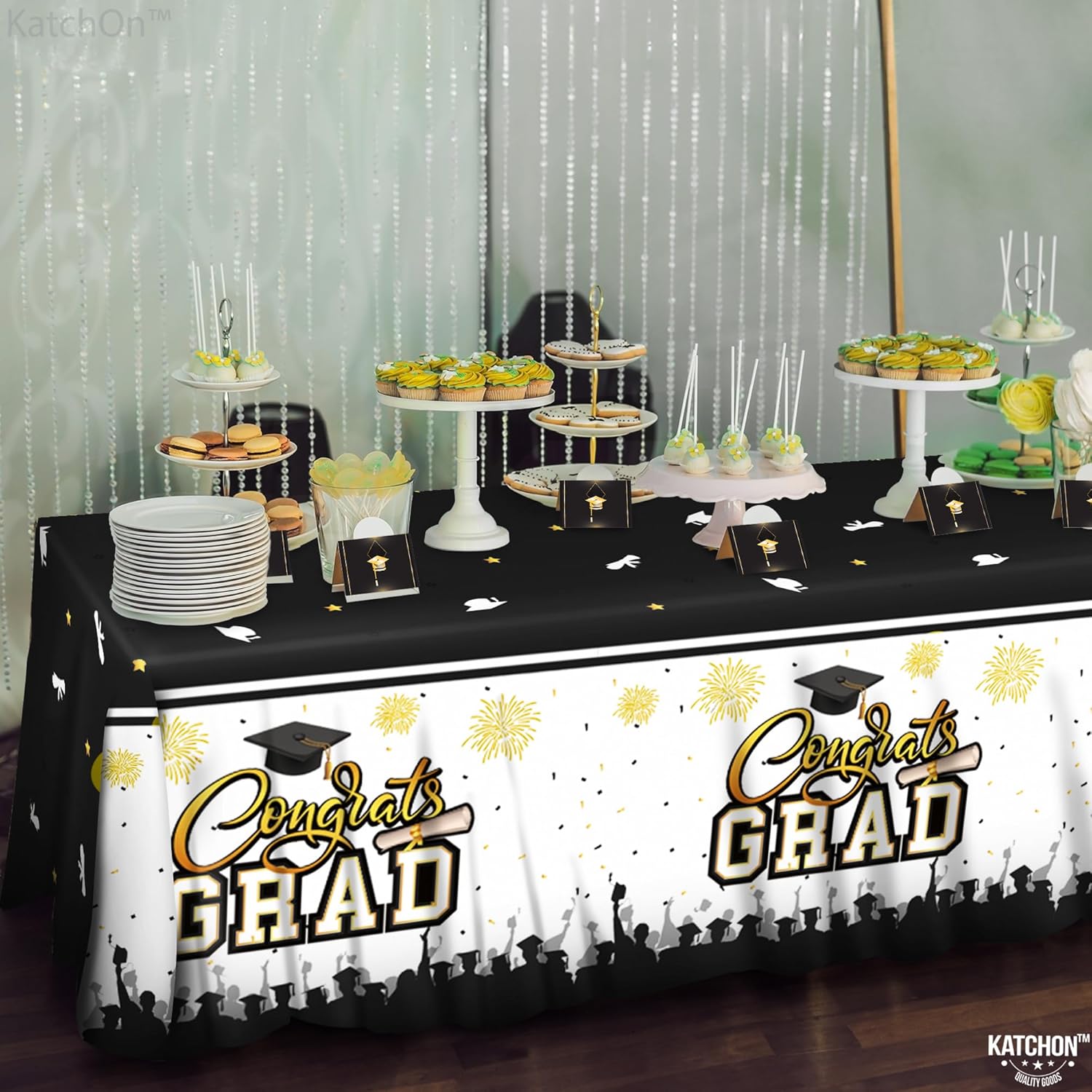 KatchOn Black and Gold Graduation Tablecloth 108x54 Inch Pack of 3