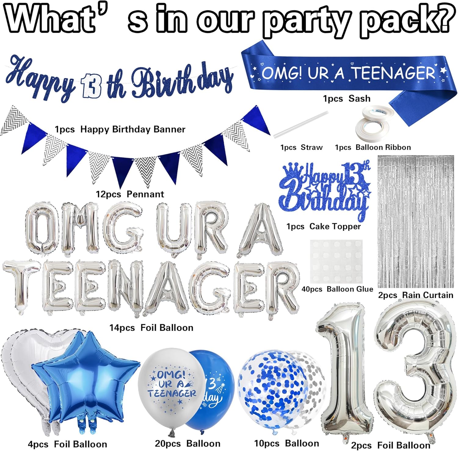 13th Birthday Decorations for Boys Blue Silver Set