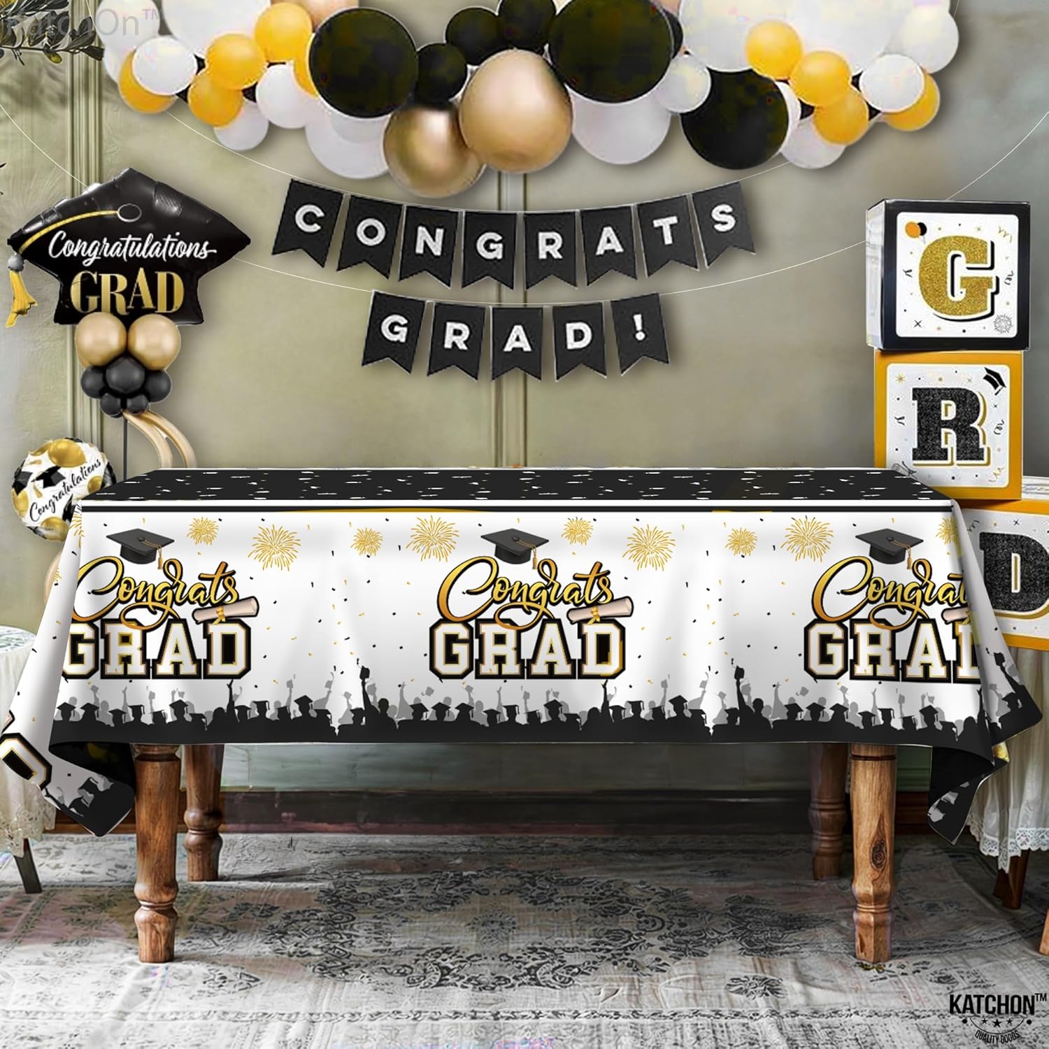 KatchOn Black and Gold Graduation Tablecloth 108x54 Inch Pack of 3
