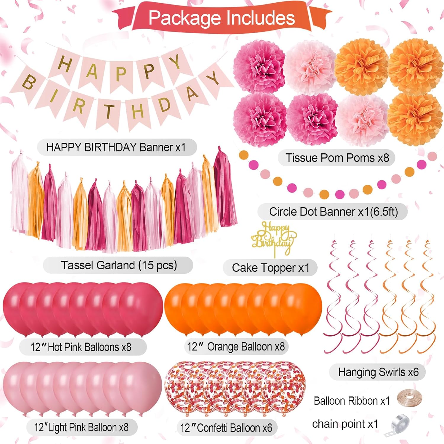 Pink and Orange Birthday Party Decorations Set