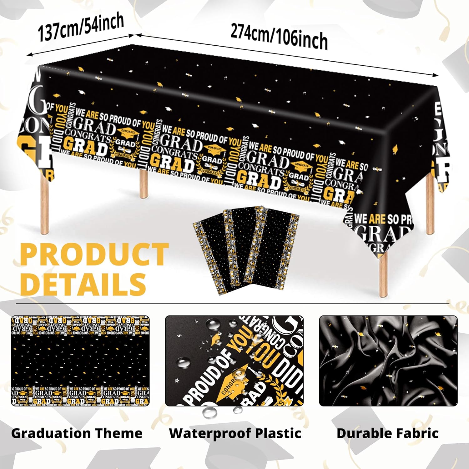 Graduation Tablecloth Class of 2025 3 pcs Black Tablecovers