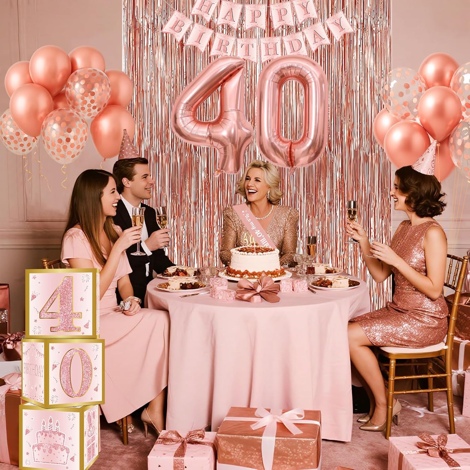 40th Birthday Decorations - Rose Gold Foil Balloons and Confetti