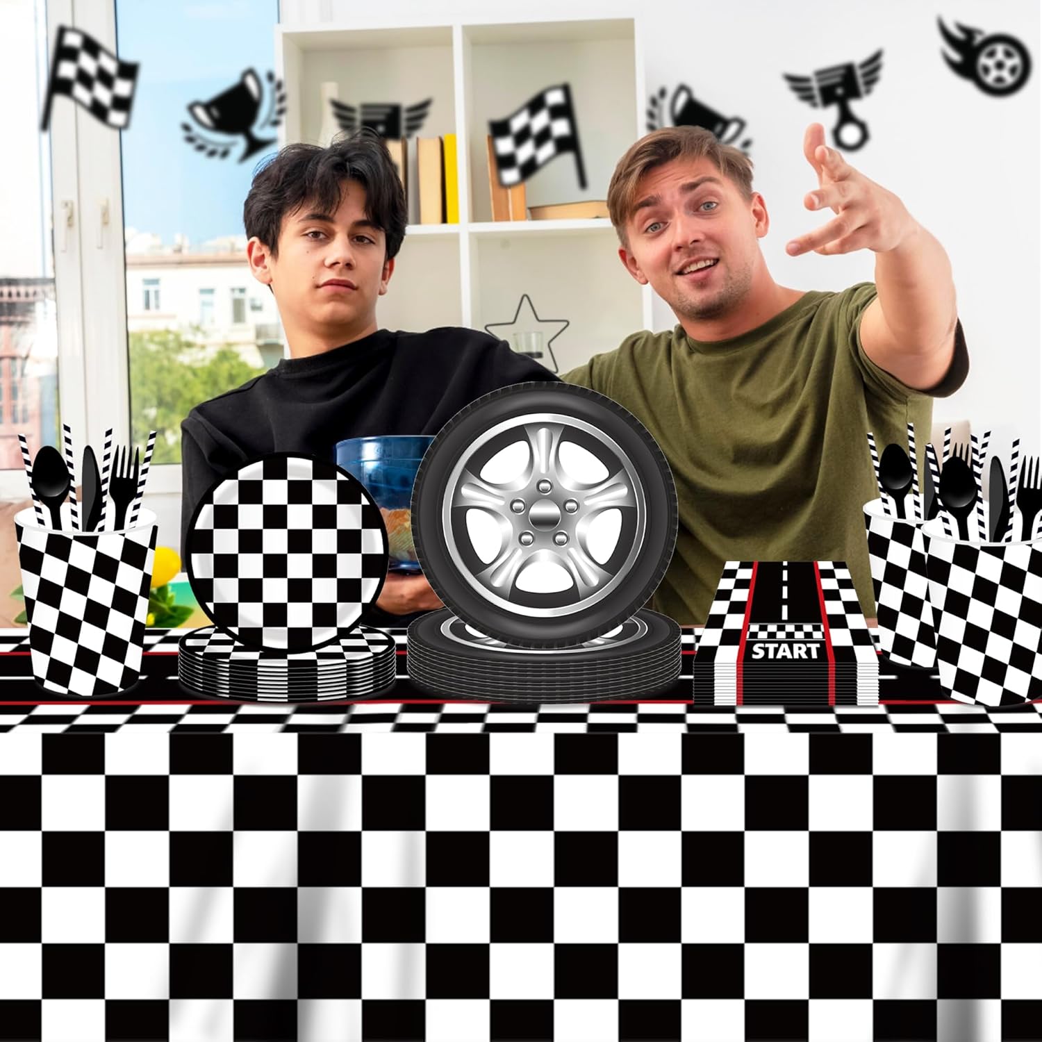 3 Pcs Racing Car Party Tablecloth with Black Checkered Pattern