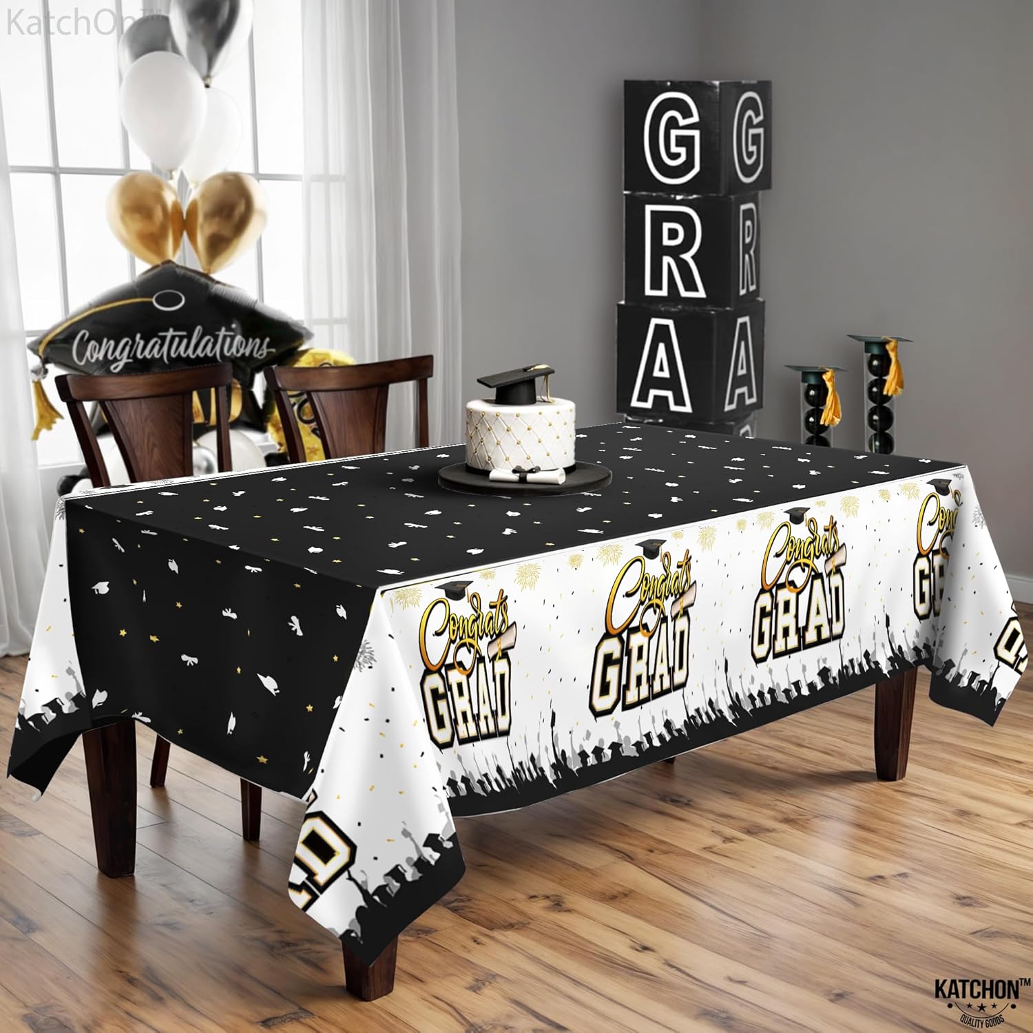KatchOn Black and Gold Graduation Tablecloth 108x54 Inch Pack of 3