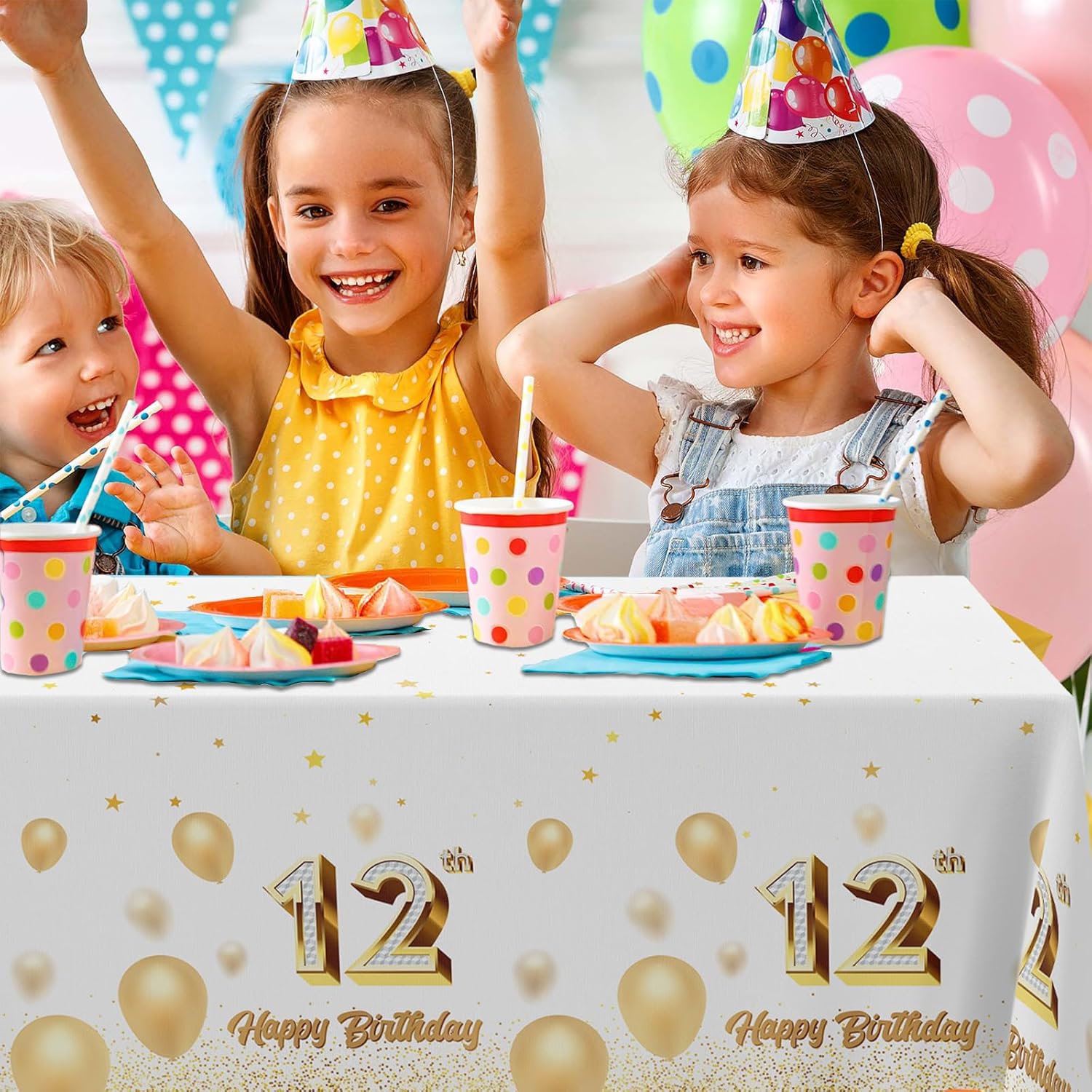 12th Birthday Tablecloth White Gold Rectangle Party Decor