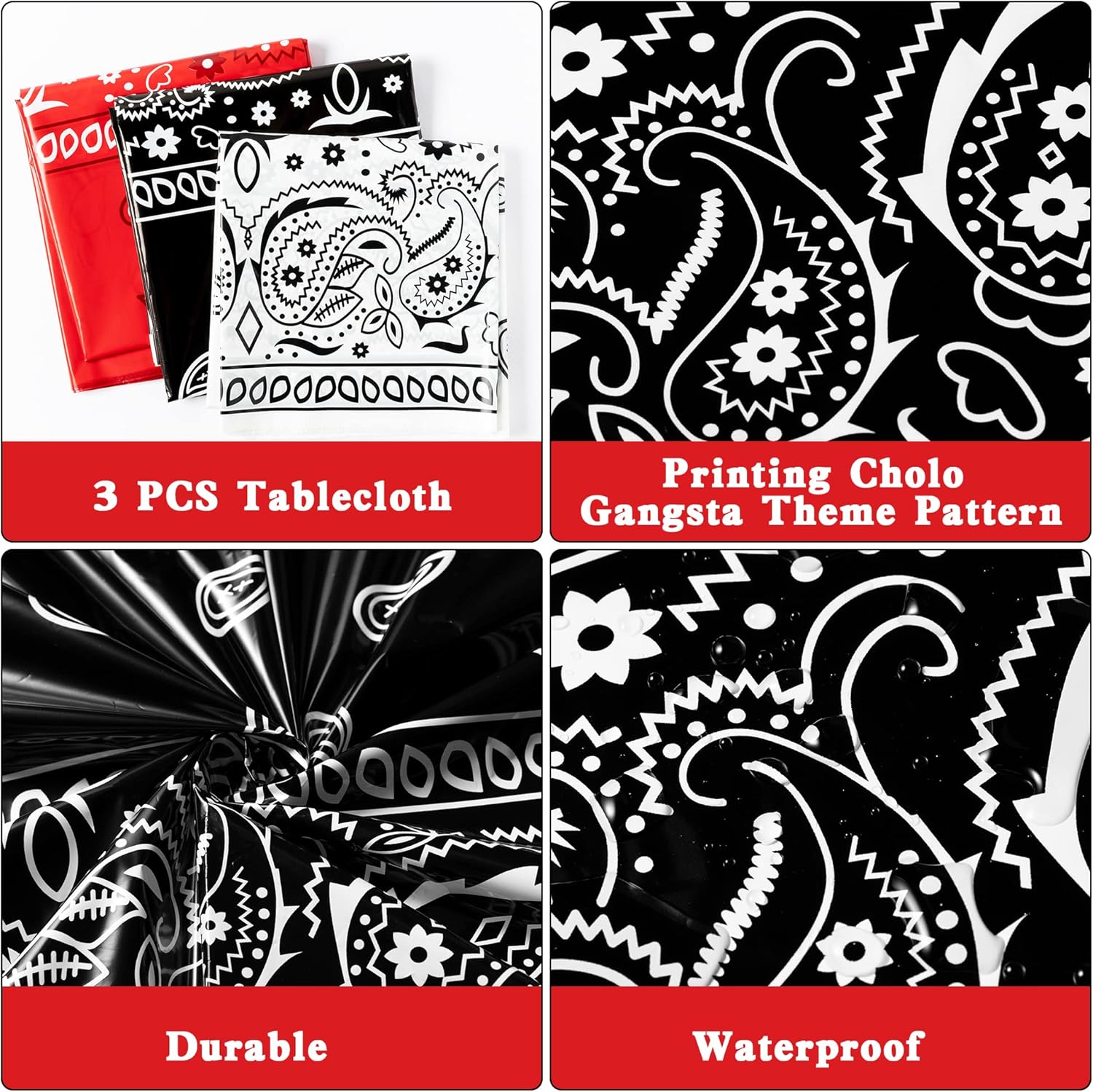 K1tpde 3PCS Bandana Tablecloths Cholo Gangsta Theme Waterproof Plastic Table Covers for Western Party
