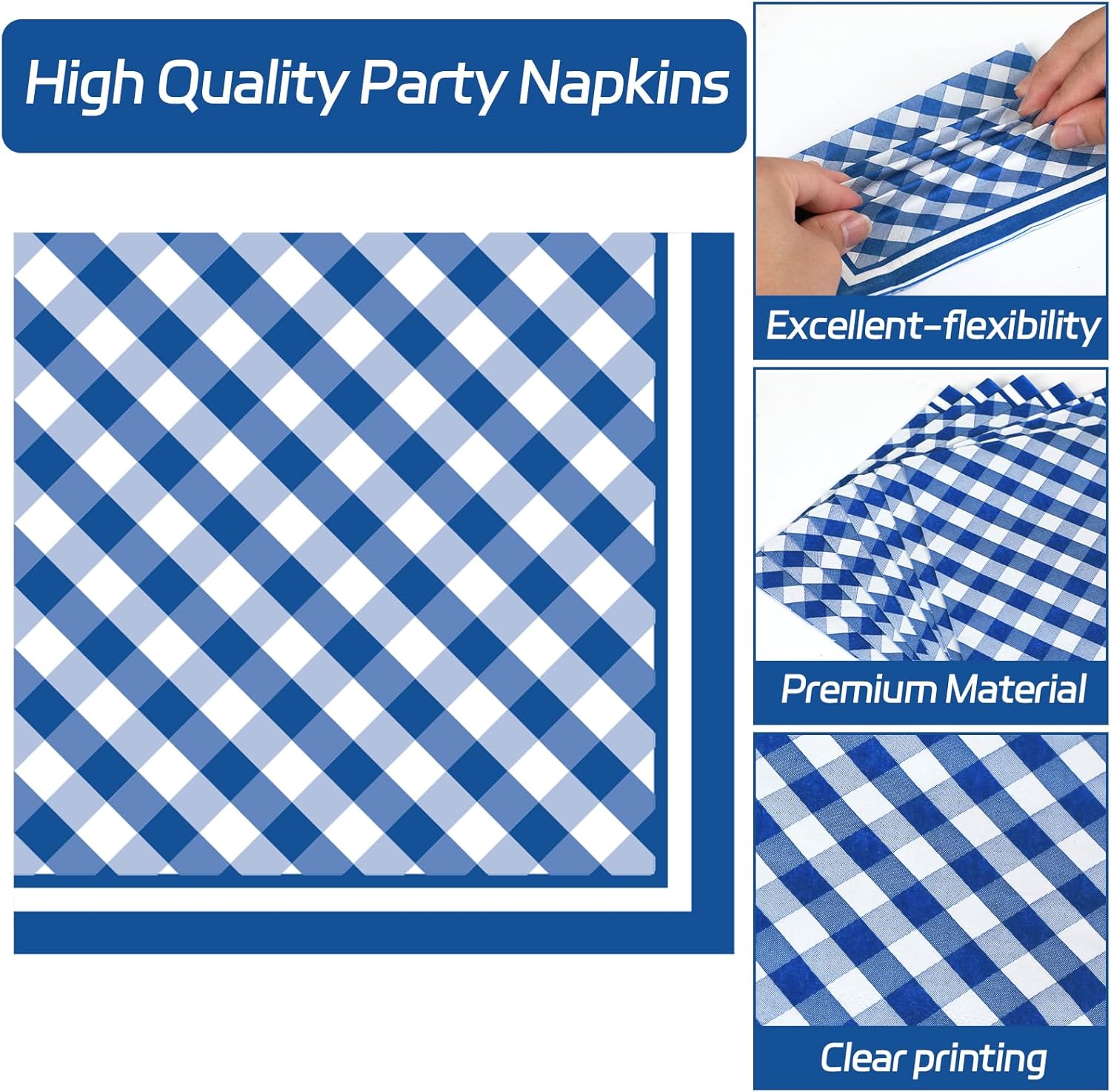 QOUBAI Gingham Oval Plates 11inch Blue White Checkered Set for 25 Guests