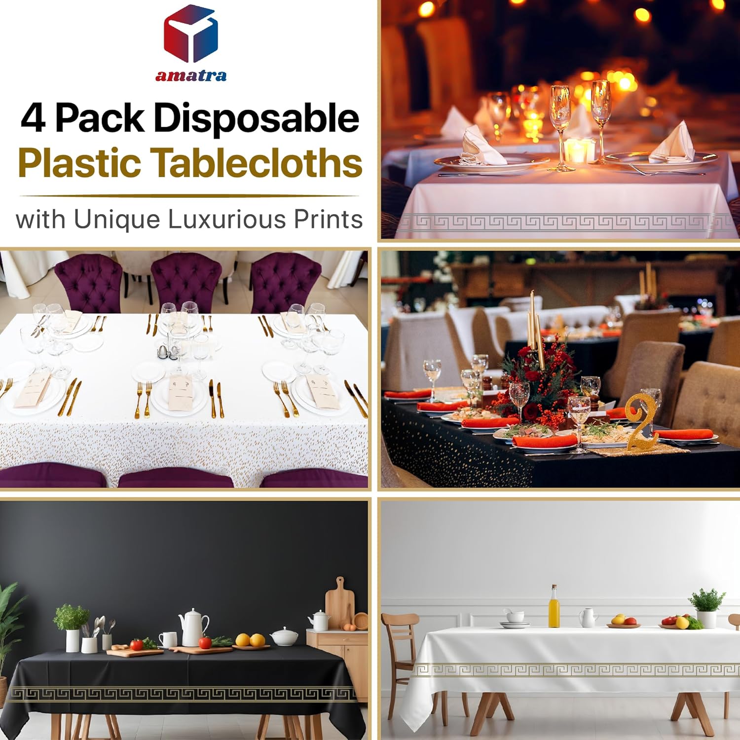 4-Pack Premium Disposable Tablecloths 54x108 Black Gold Margin
