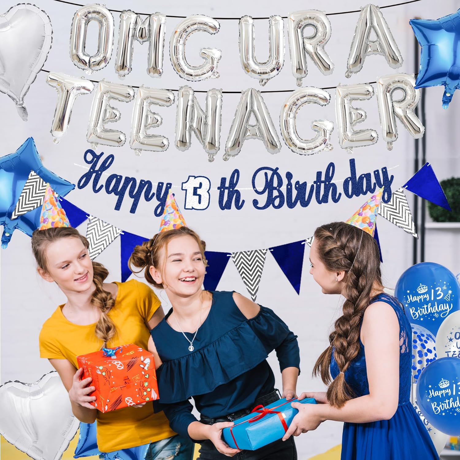 13th Birthday Decorations for Boys Blue Silver Set