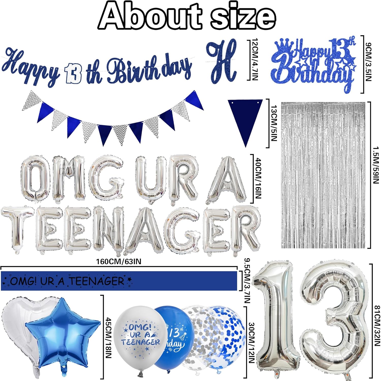 13th Birthday Decorations for Boys Blue Silver Set