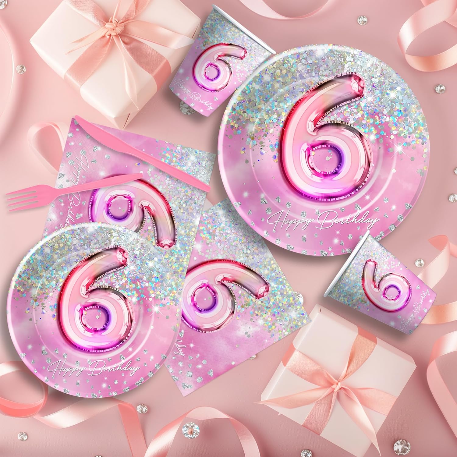 Pink Diamond 6th Birthday Party Tableware Set for 24 Guests