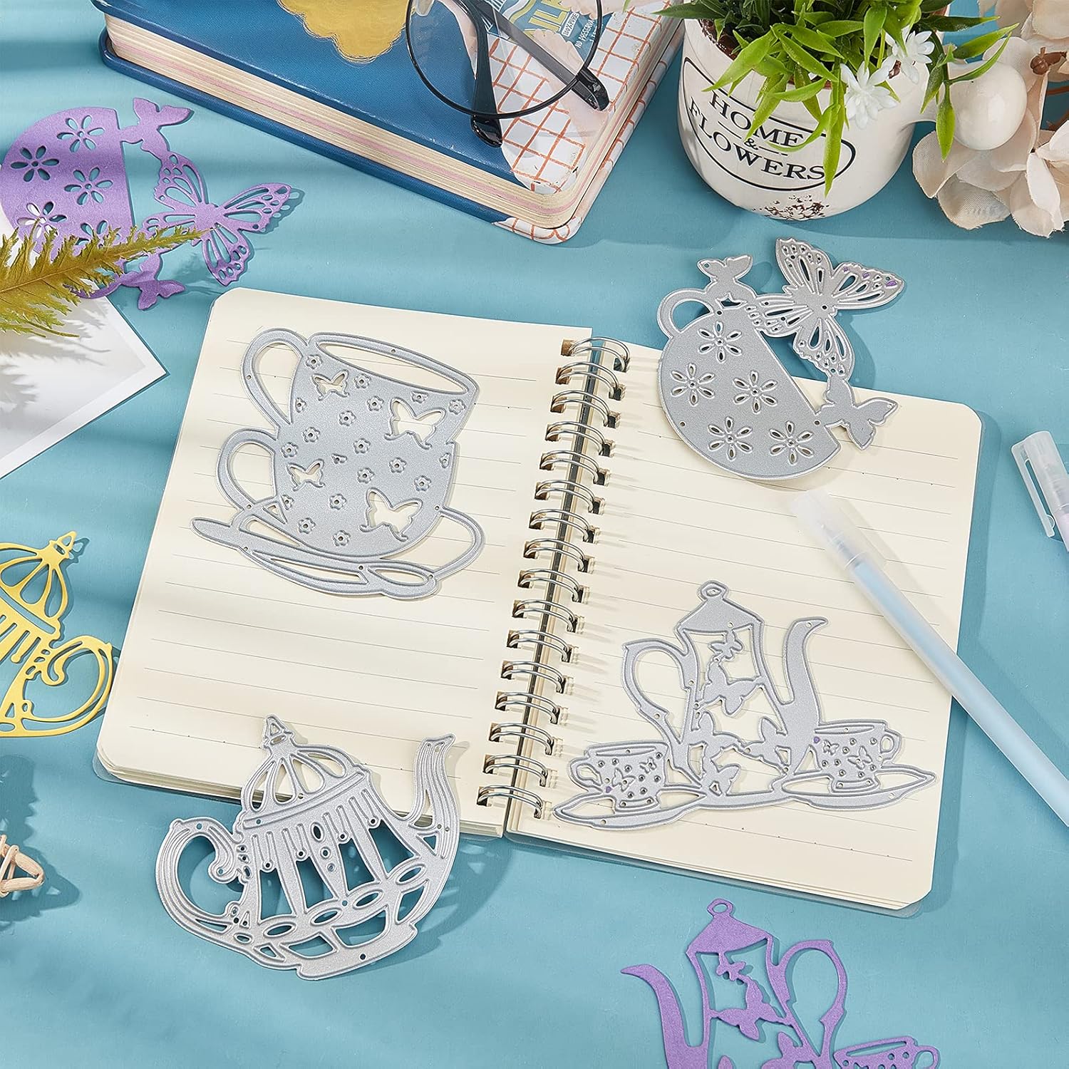 Globleland 4Pcs Tea Theme Die-Cutting Set for Scrapbooking and Card Crafts