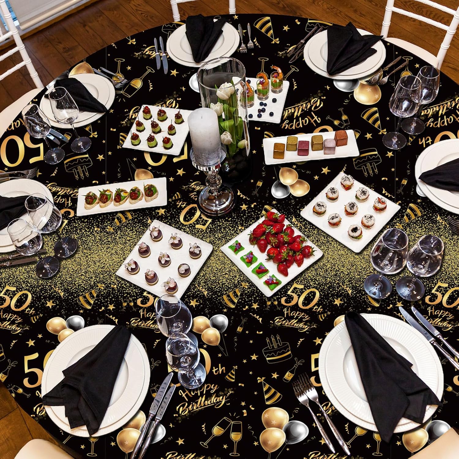 Oudain 3 Pack Round Birthday Tablecloths Black Gold Party Decor