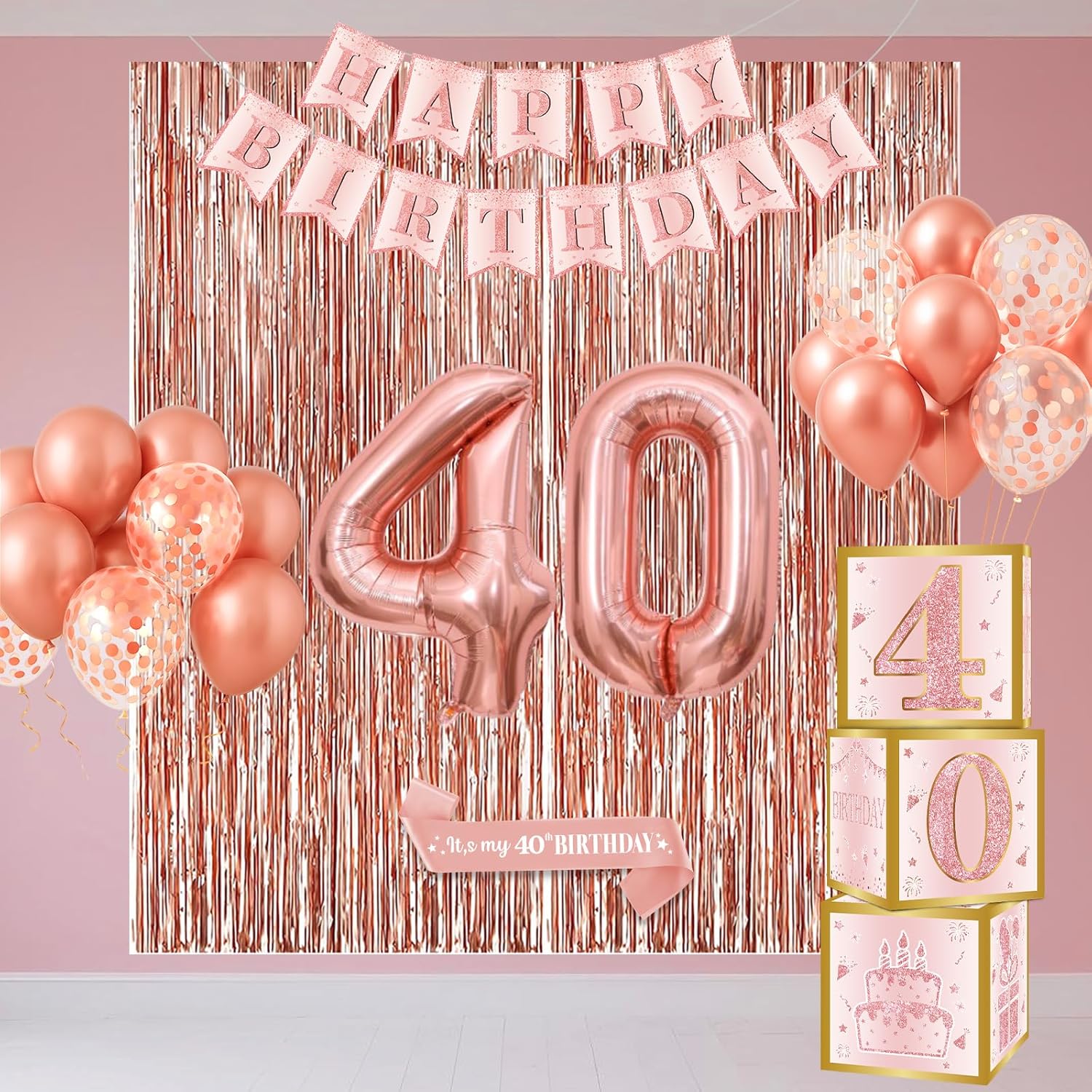 40th Birthday Decorations - Rose Gold Foil Balloons and Confetti