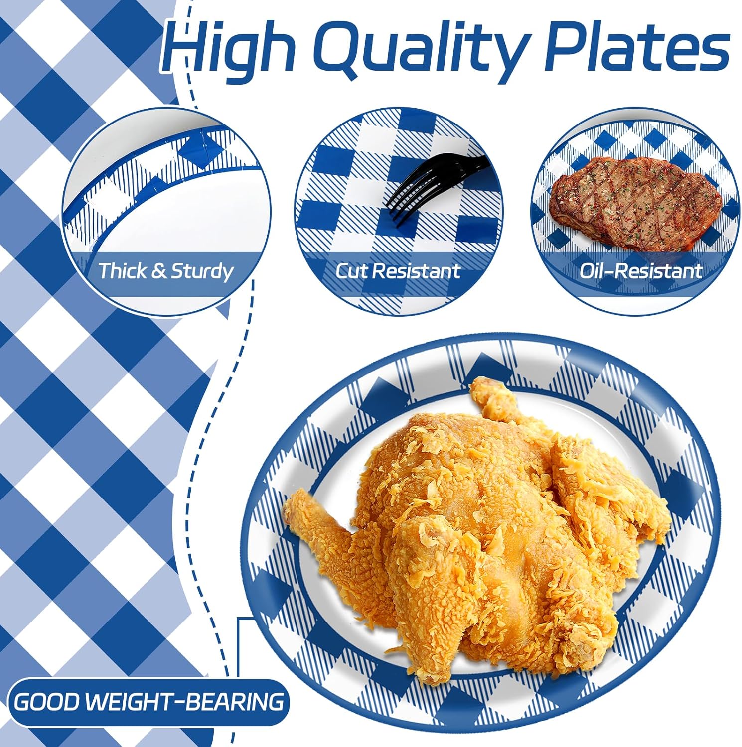QOUBAI Gingham Oval Plates 11inch Blue White Checkered Set for 25 Guests