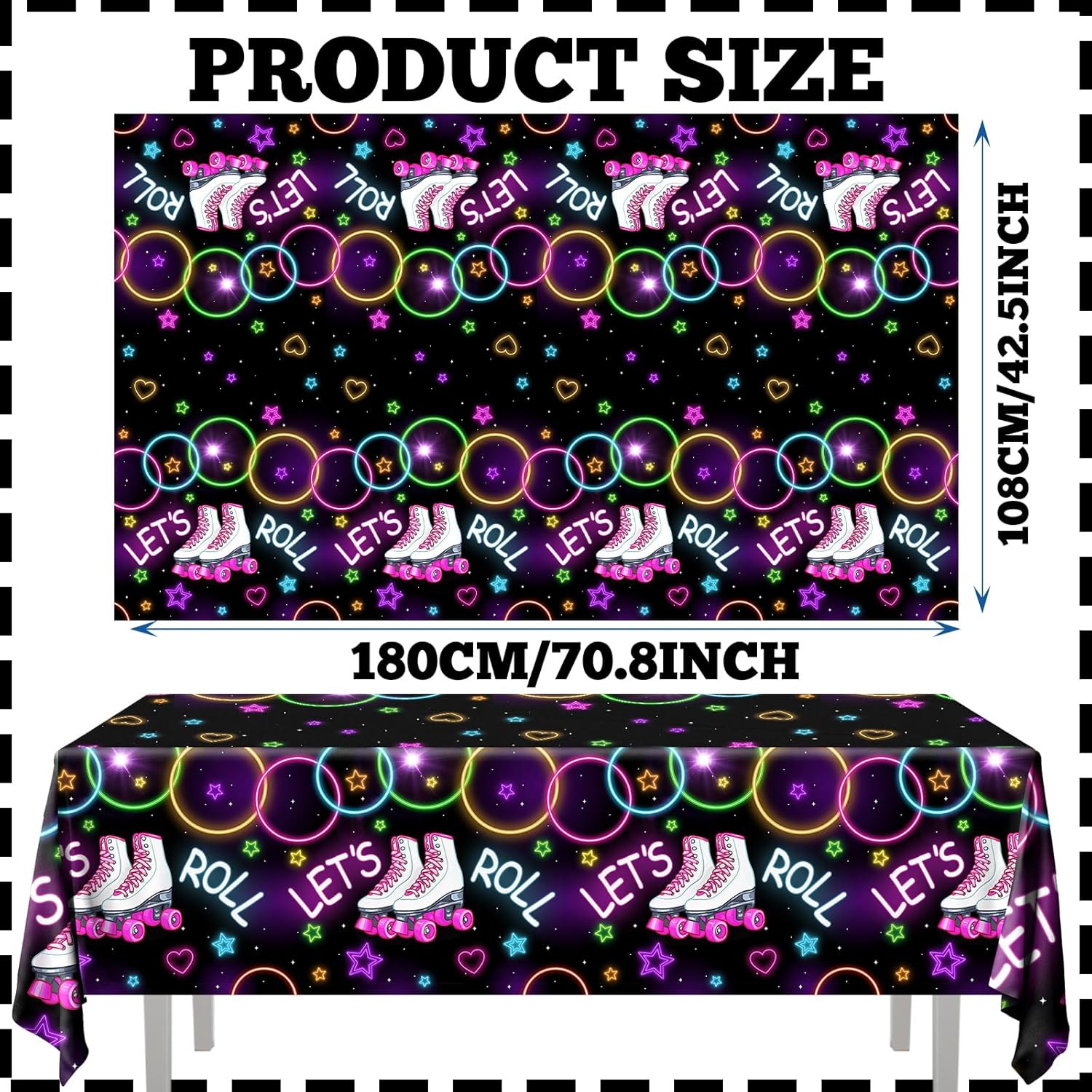 Roller Skating Birthday Tablecloths 3Pcs Neon Lets Roll Covers