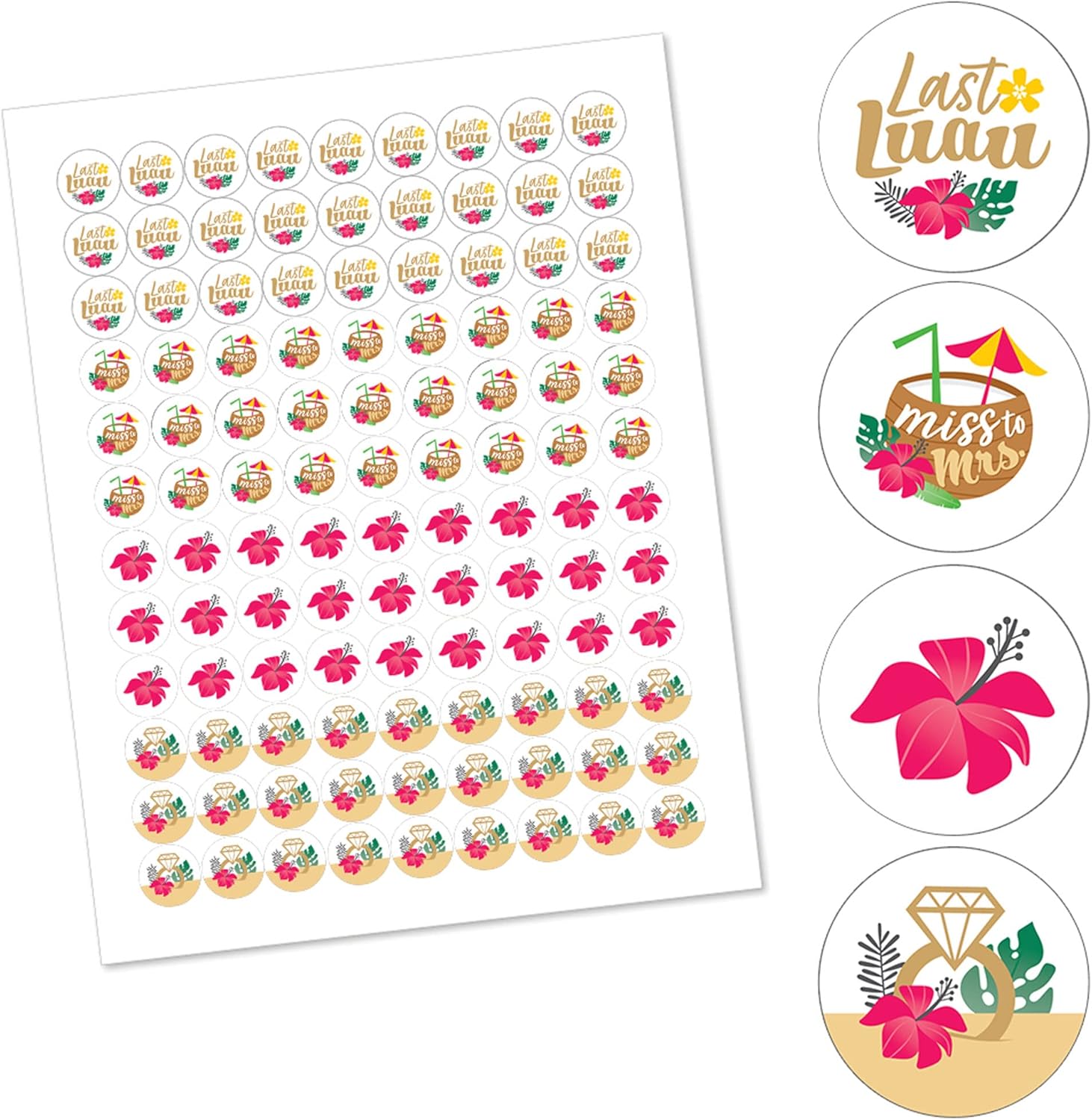 Big Dot of Happiness Last Luau Round Candy Stickers - 108 per Sheet