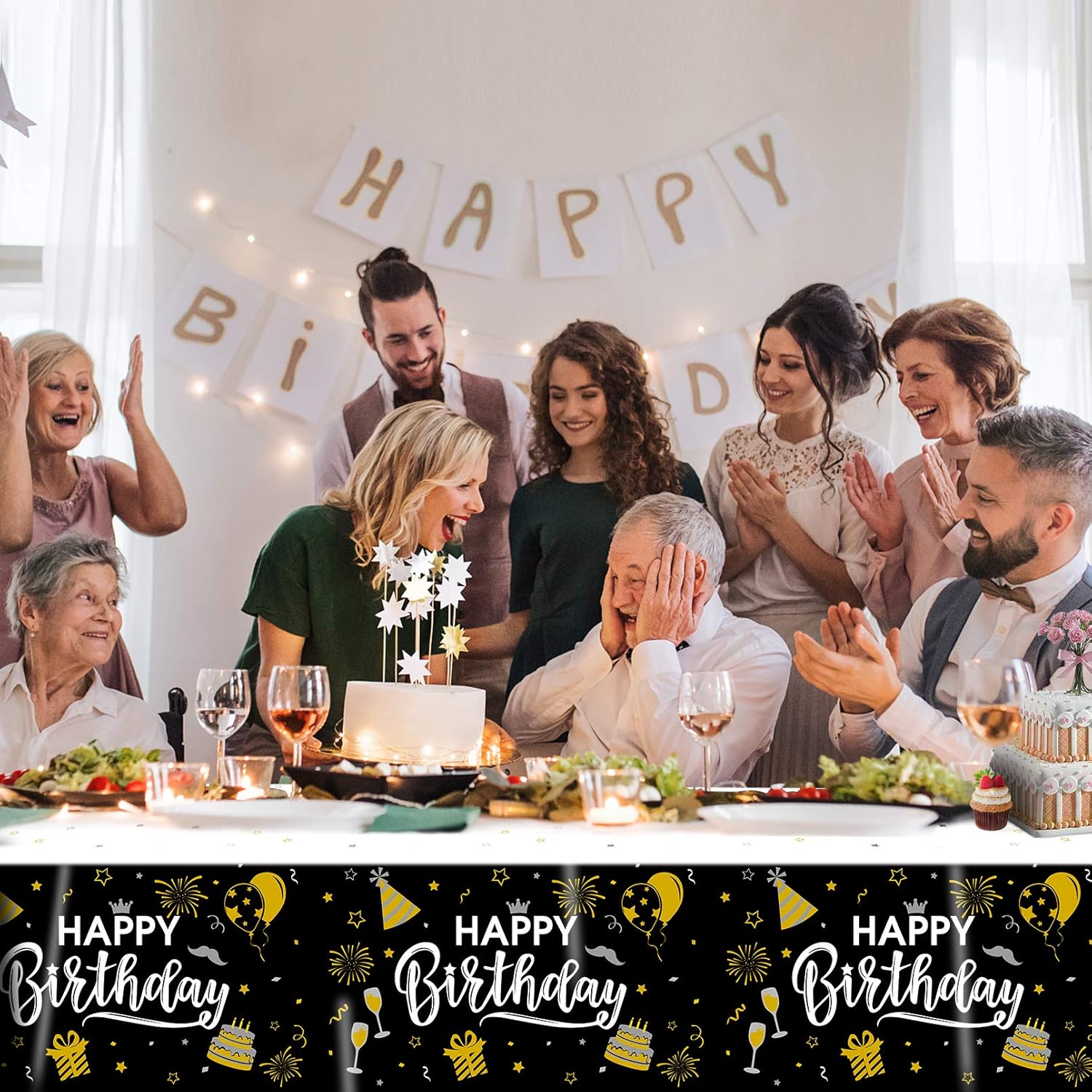 3pcs Black and Gold Birthday Tablecloth for Men Women