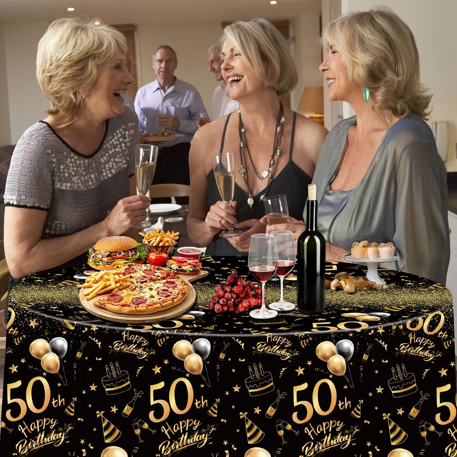 Oudain 3 Pack Round Birthday Tablecloths Black Gold Party Decor