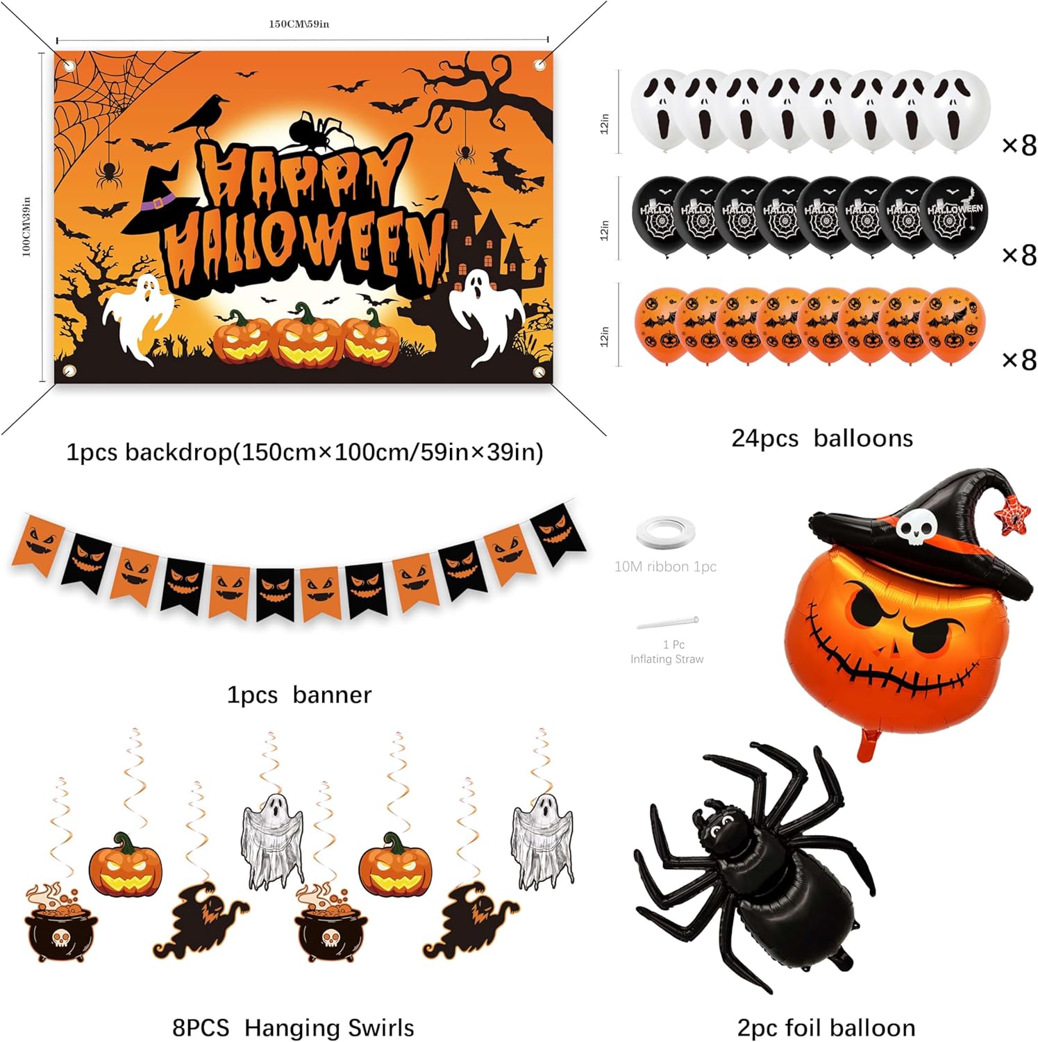 Halloween Party Decorations Set with Backdrop Balloons and Banner
