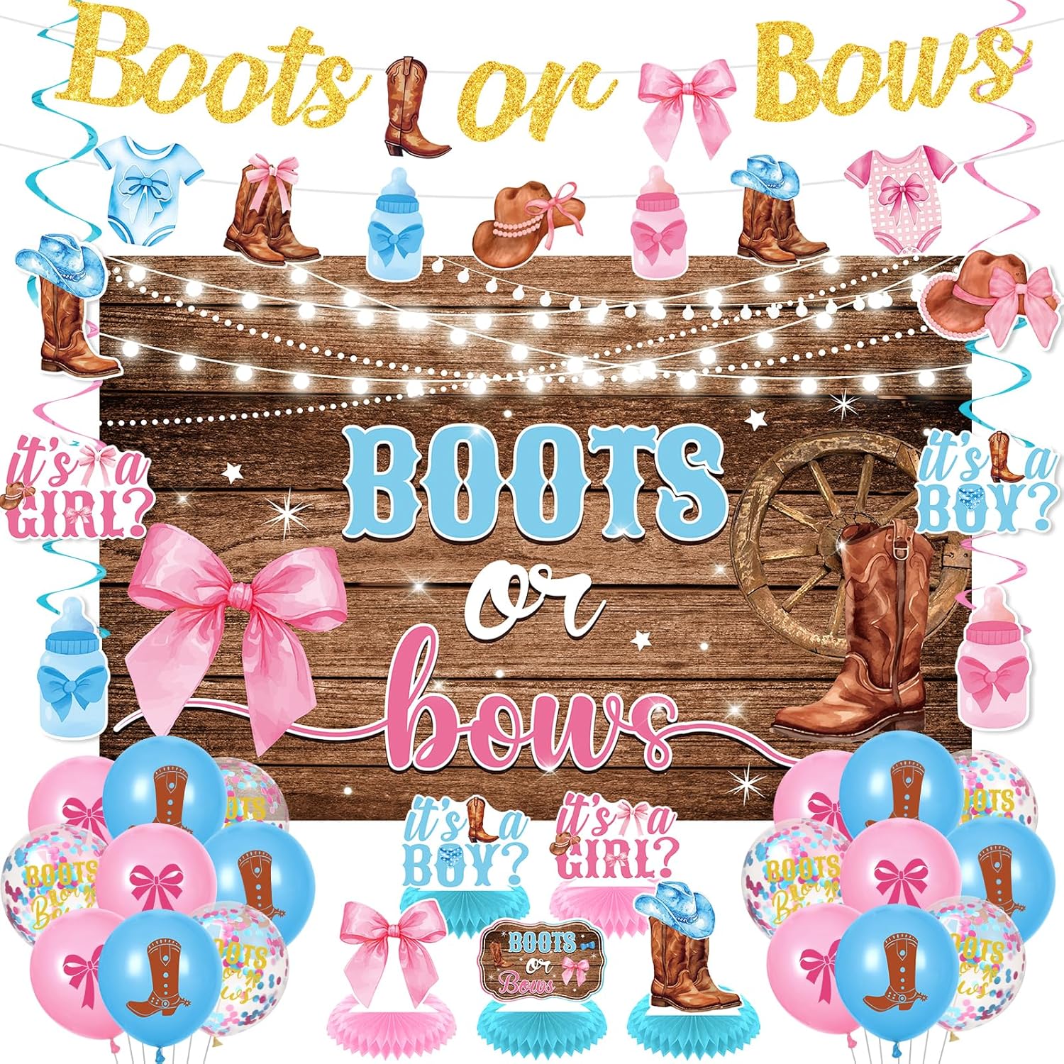 Boots Or Bows Gender Reveal Decor Kit 44 Pieces