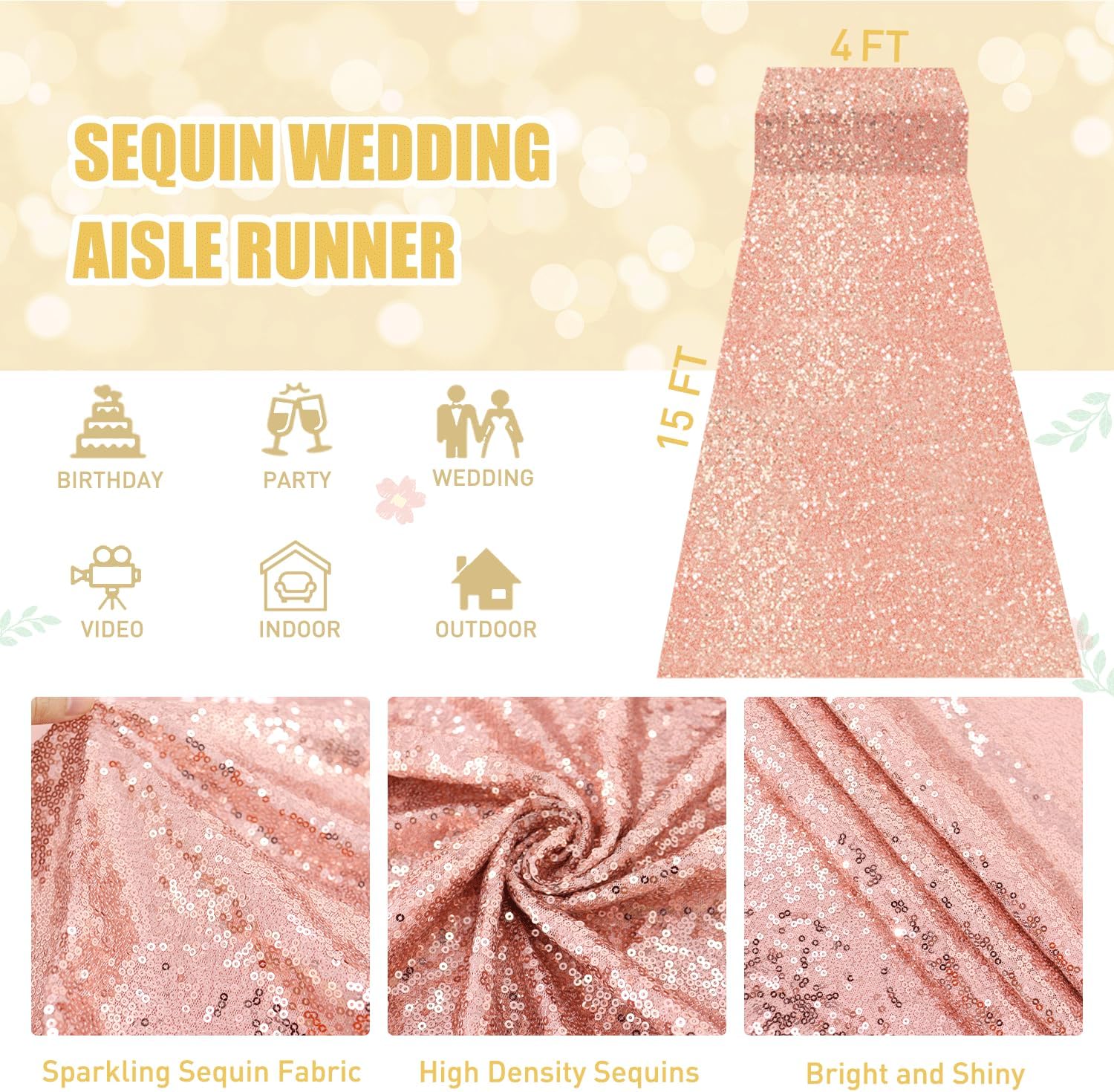 FUHSY Rose Gold Wedding Aisle Runner 4FT x 15FT Glitter Carpet Runner Rug