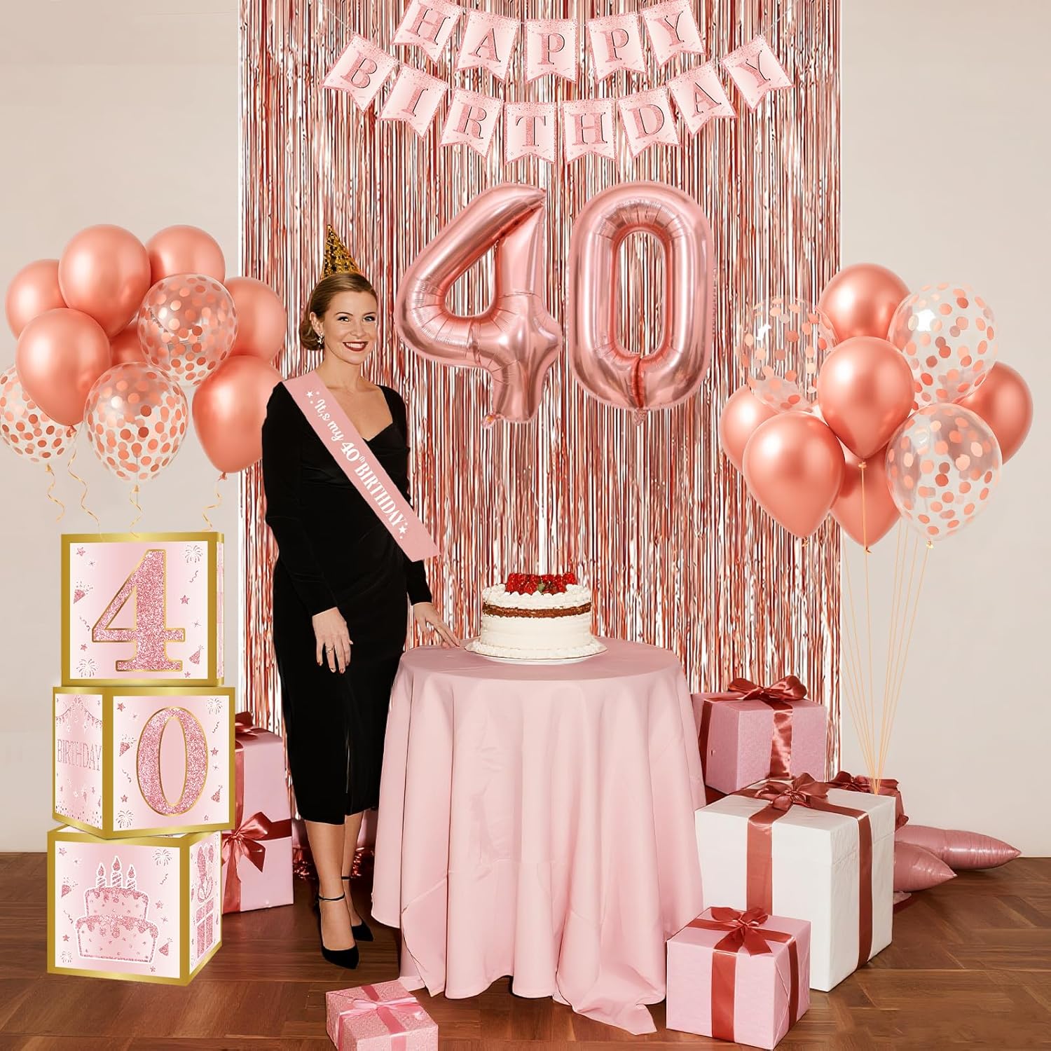 40th Birthday Decorations - Rose Gold Foil Balloons and Confetti
