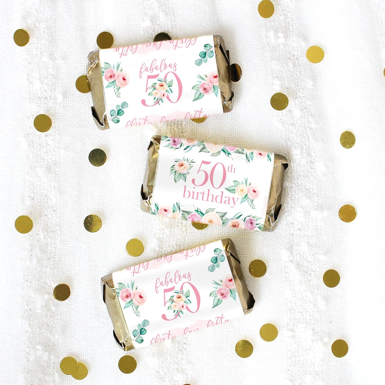 Pink Floral 50th Birthday Party Favor Wrappers 42 Count
