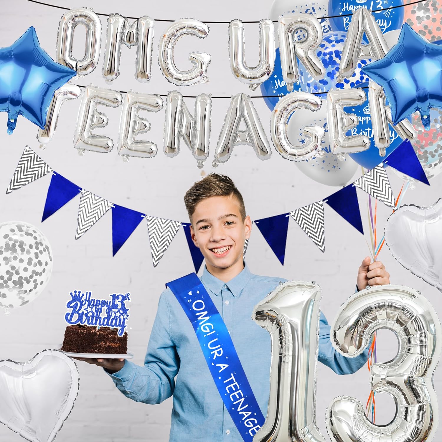13th Birthday Decorations for Boys Blue Silver Set