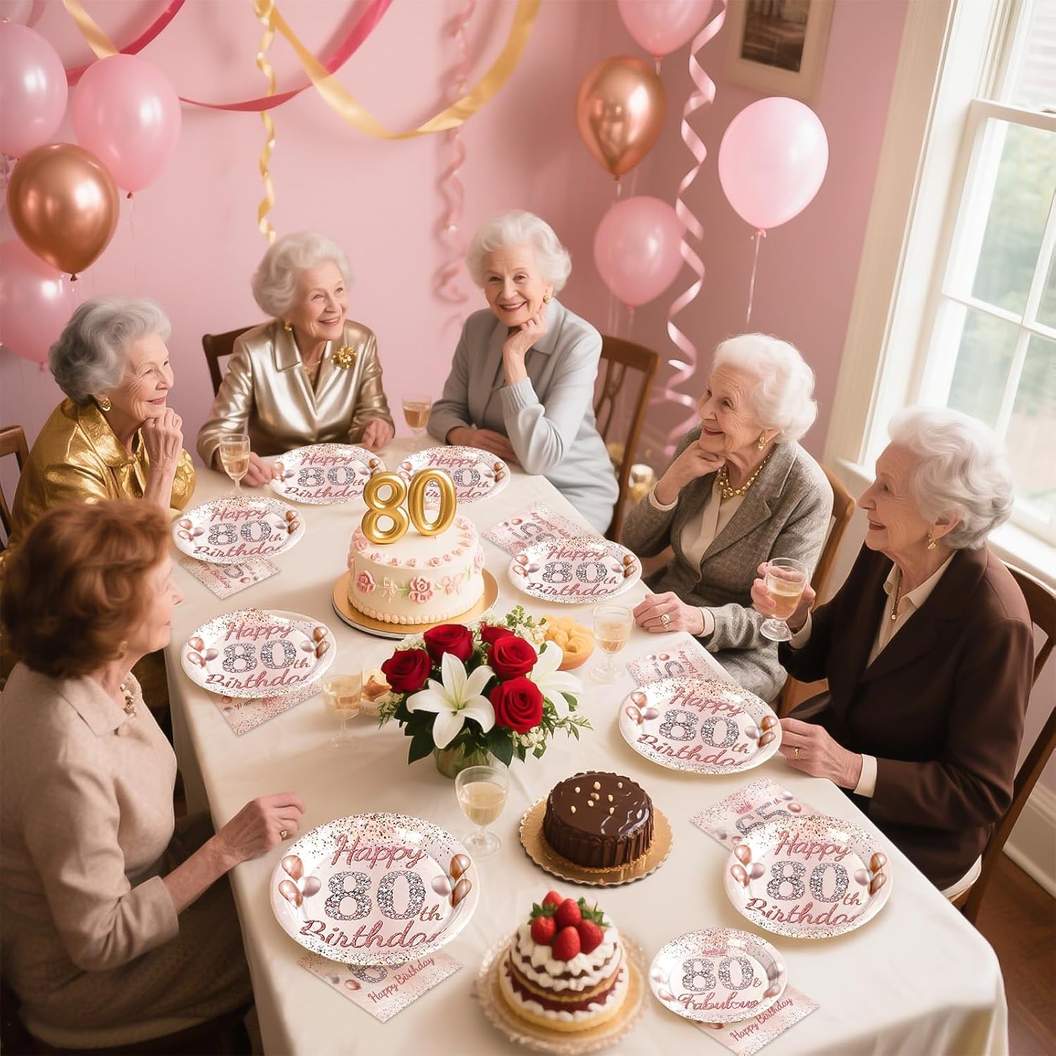 Grencian 96 Pcs 80th Birthday Tableware Set Rose Gold