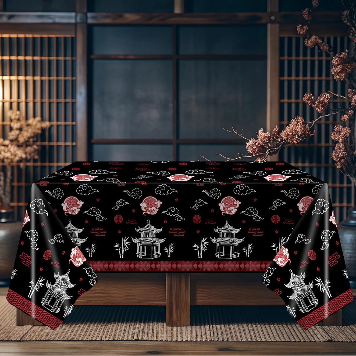 Hibachi Themed Table Covers 3 Pack for Asian Parties Black