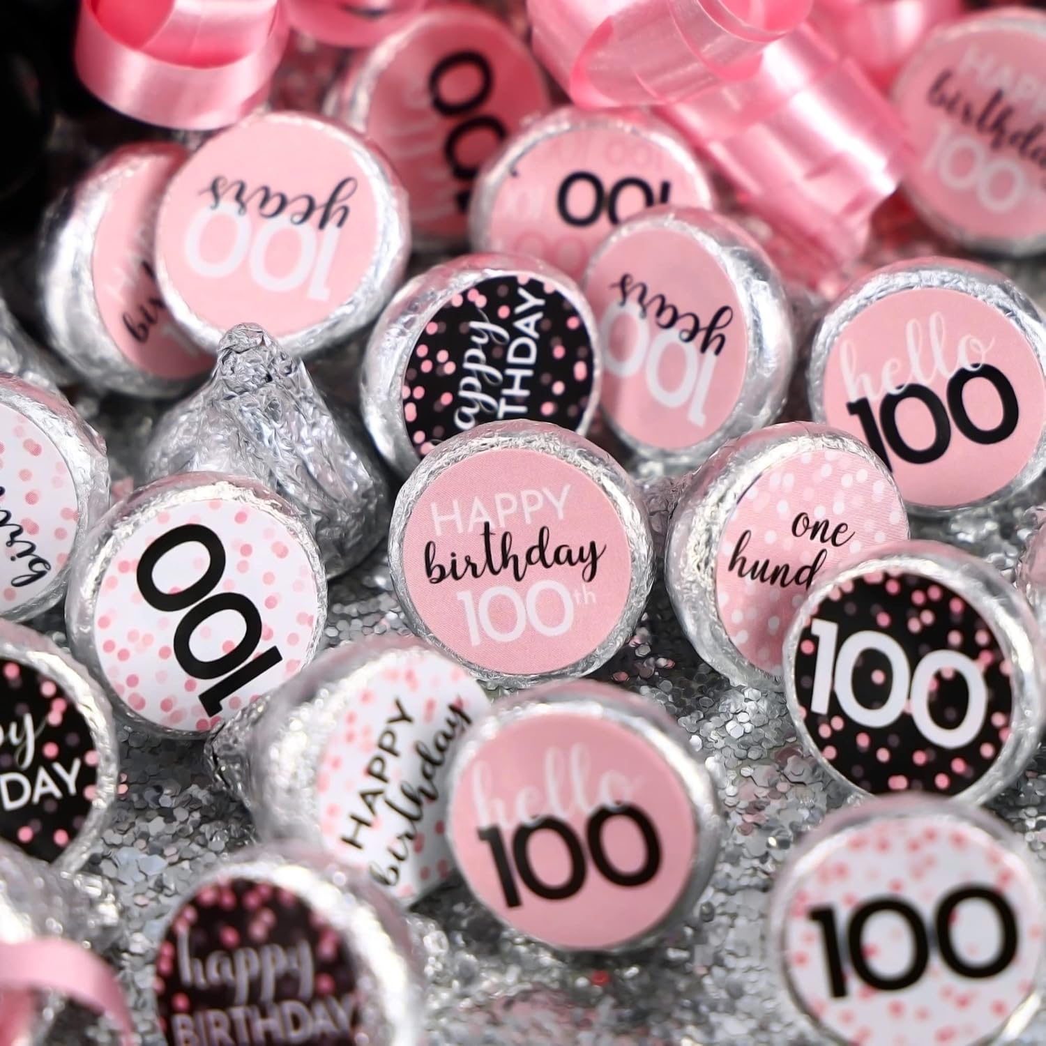 Pink Black White 100th Birthday Candy Stickers 180 Count