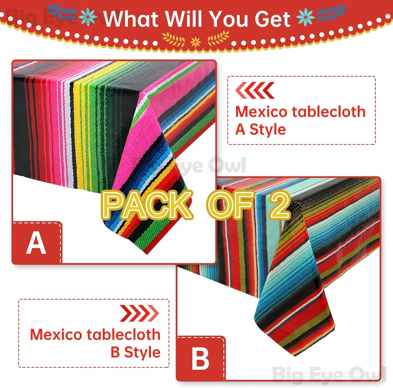 2 Pcs Mexican Fiesta Tablecloth Birthday Party Decorations