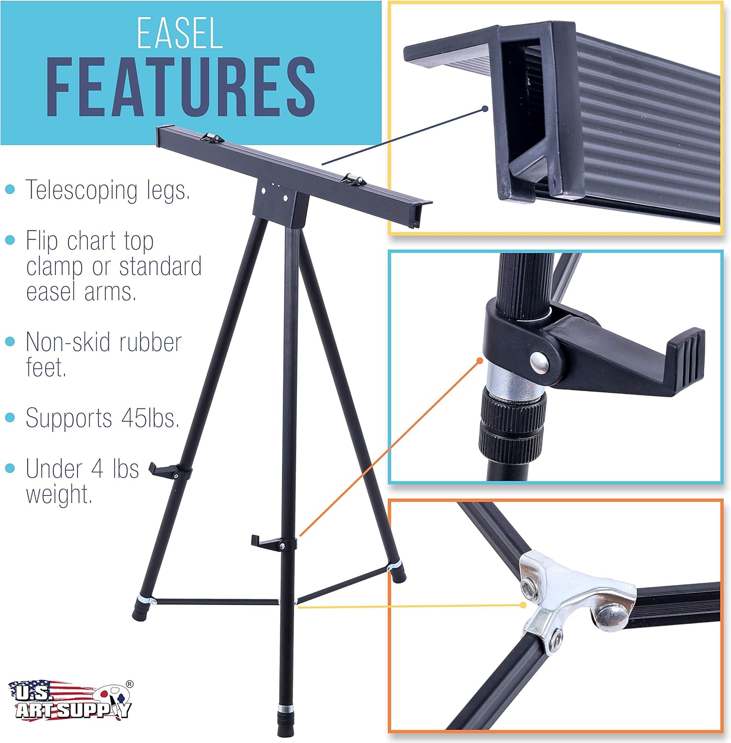 US Art Supply 70 High XL Black Aluminum Flip Chart Easel