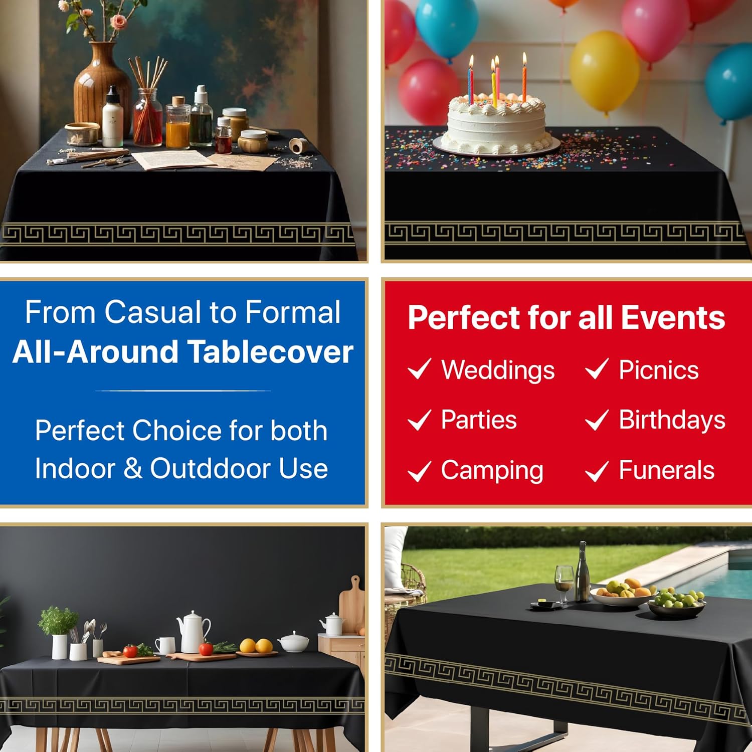4-Pack Premium Disposable Tablecloths 54x108 Black Gold Margin