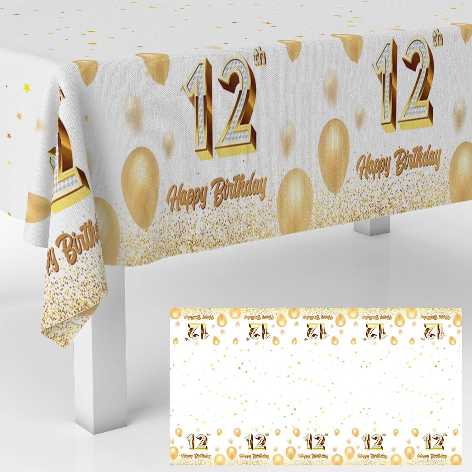 12th Birthday Tablecloth White Gold Rectangle Party Decor