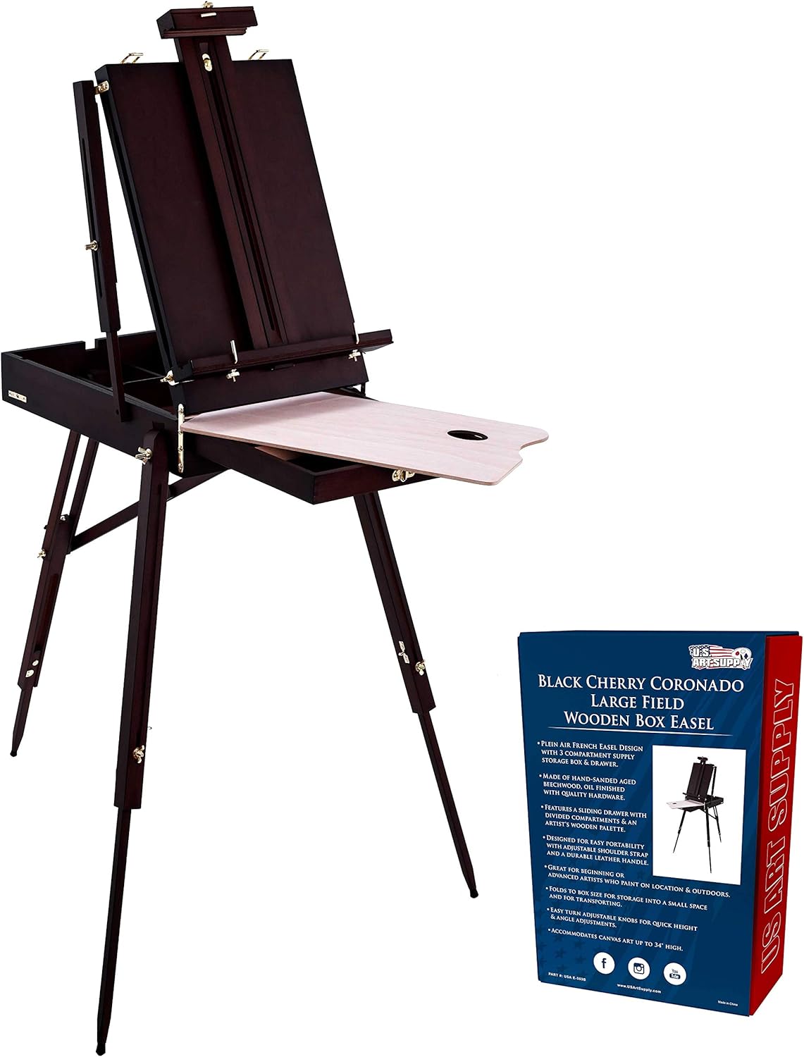 US Art Supply Large Black Cherry French Easel with Drawer and Palette