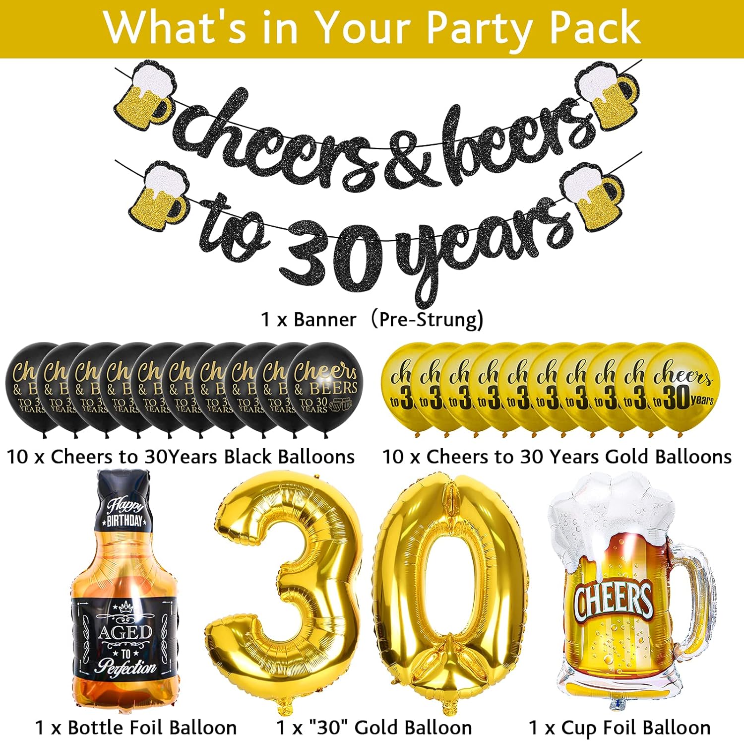 30 Years Anniversary Decor Banner Gold Balloon Set
