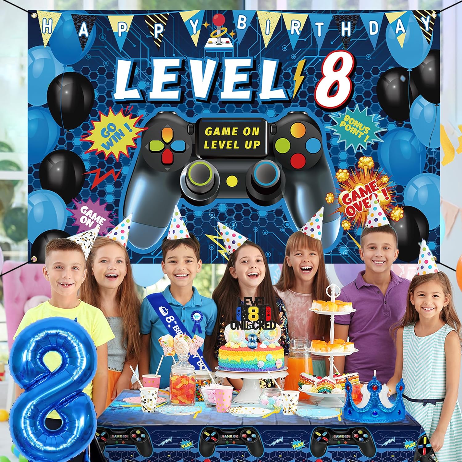 Blue Gamer 8th Birthday Decor Set for Boys