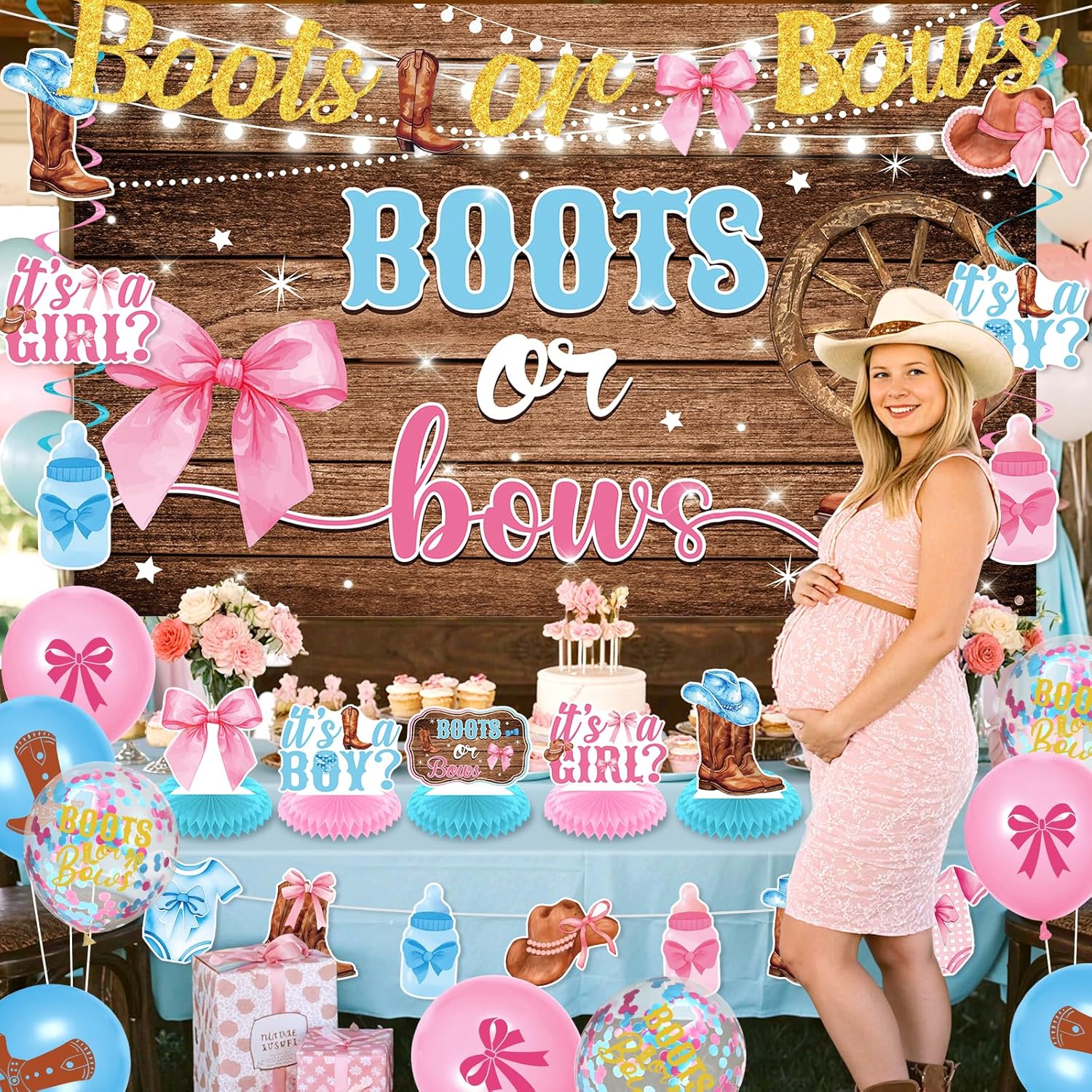 Boots Or Bows Gender Reveal Decor Kit 44 Pieces