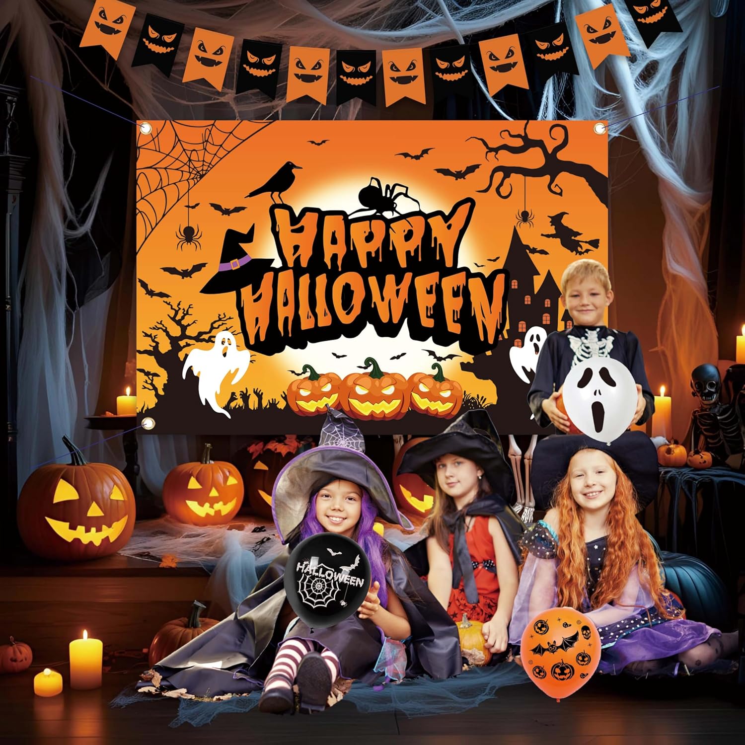 Halloween Party Decorations Set with Backdrop Balloons and Banner